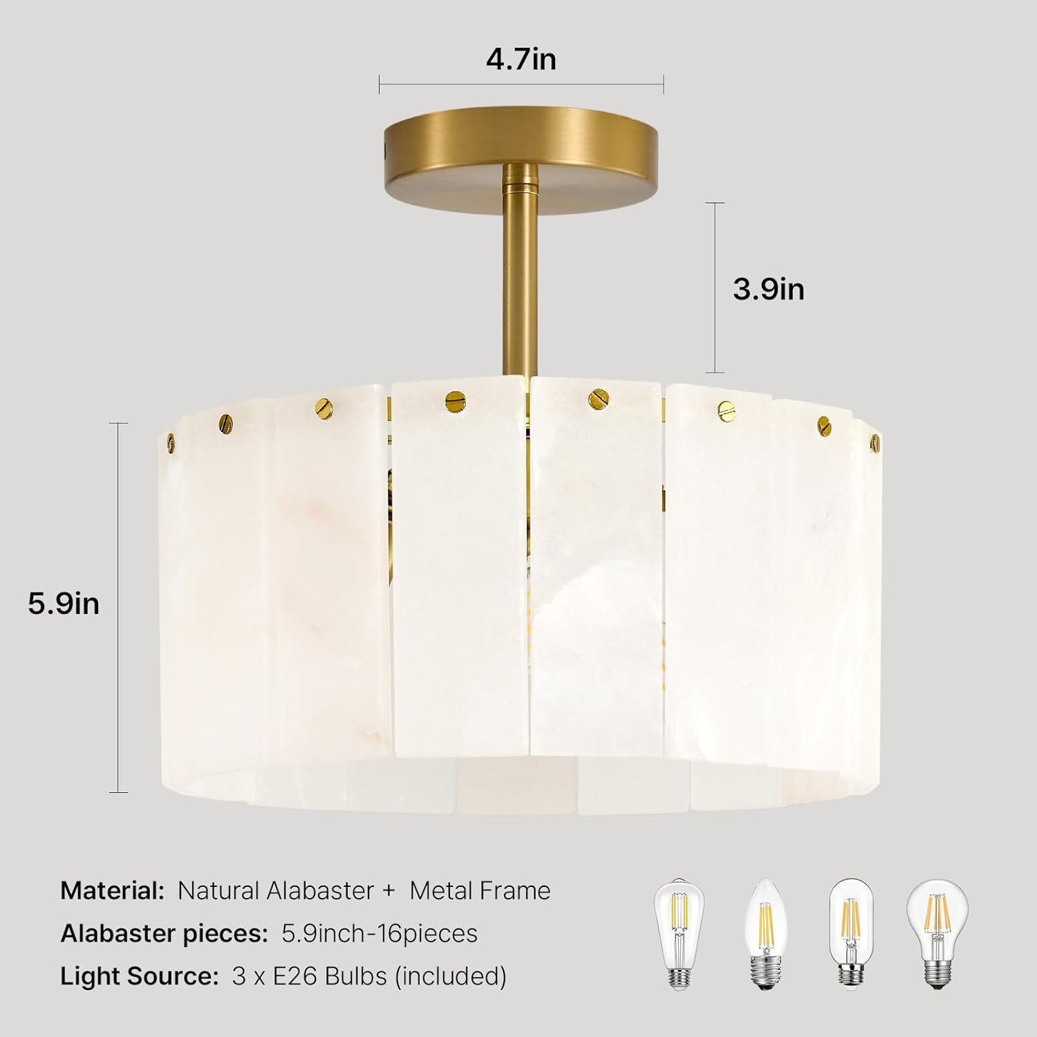 Modern Spanish Alabaster Semi Flush Mount Ceiling Light Gold Round Luxury 3-Light Fixture