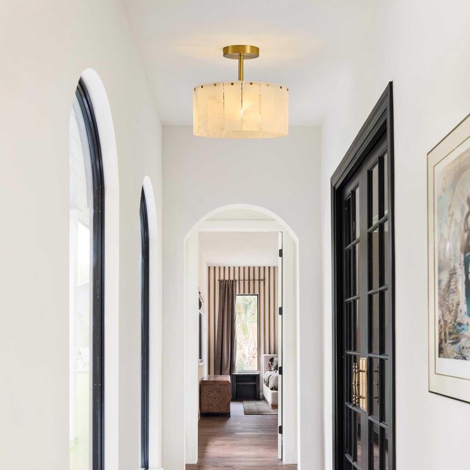 Modern Spanish Alabaster Semi Flush Mount Ceiling Light Gold Round Luxury 3-Light Fixture