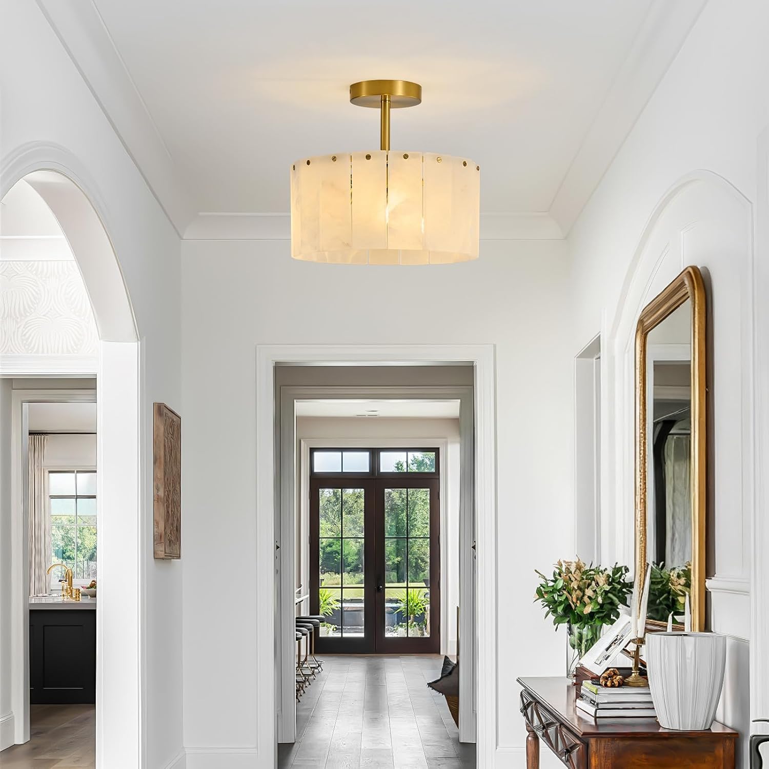 Modern Spanish Alabaster Semi Flush Mount Ceiling Light Gold Round Luxury 3-Light Fixture