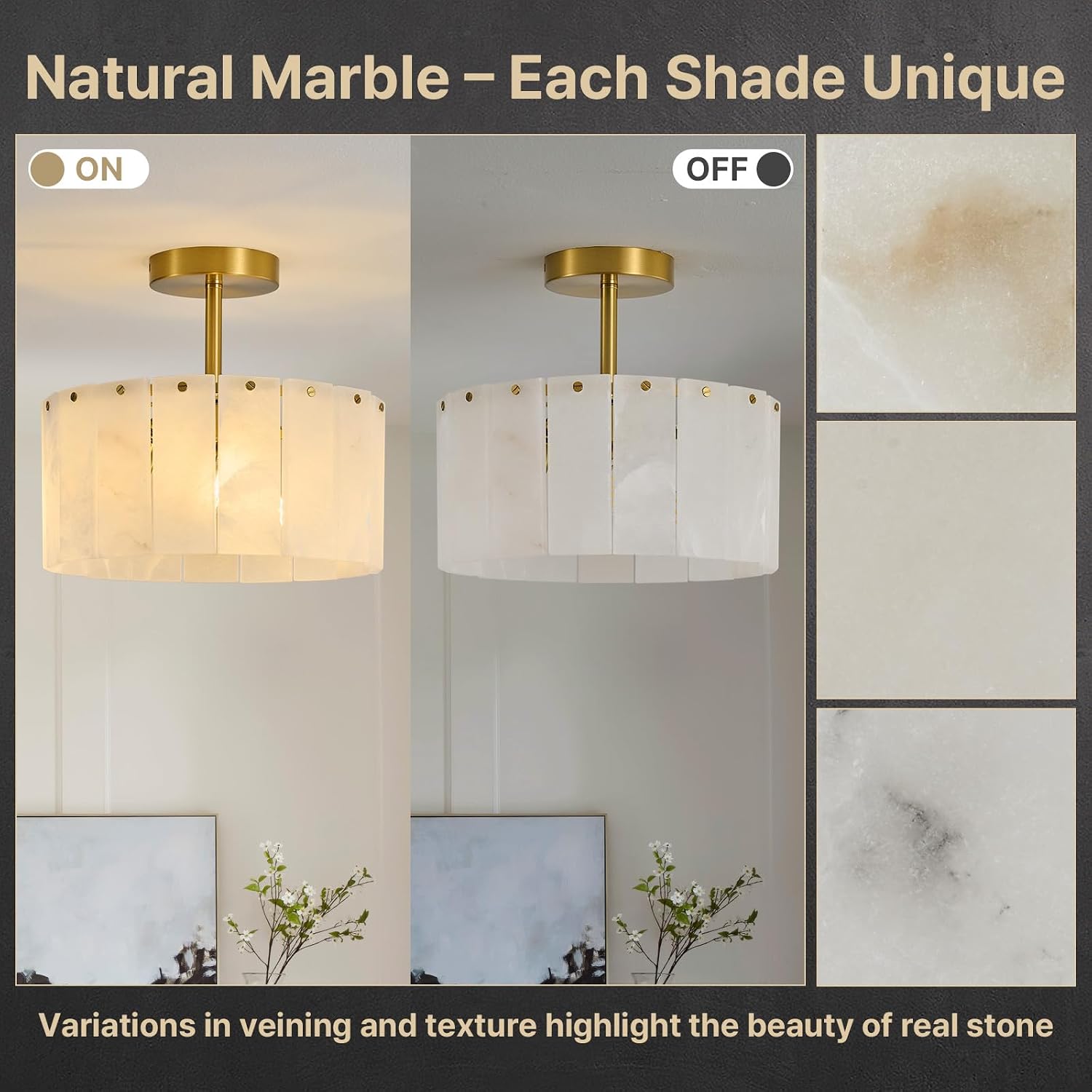 Modern Spanish Alabaster Semi Flush Mount Ceiling Light Gold Round Luxury 3-Light Fixture
