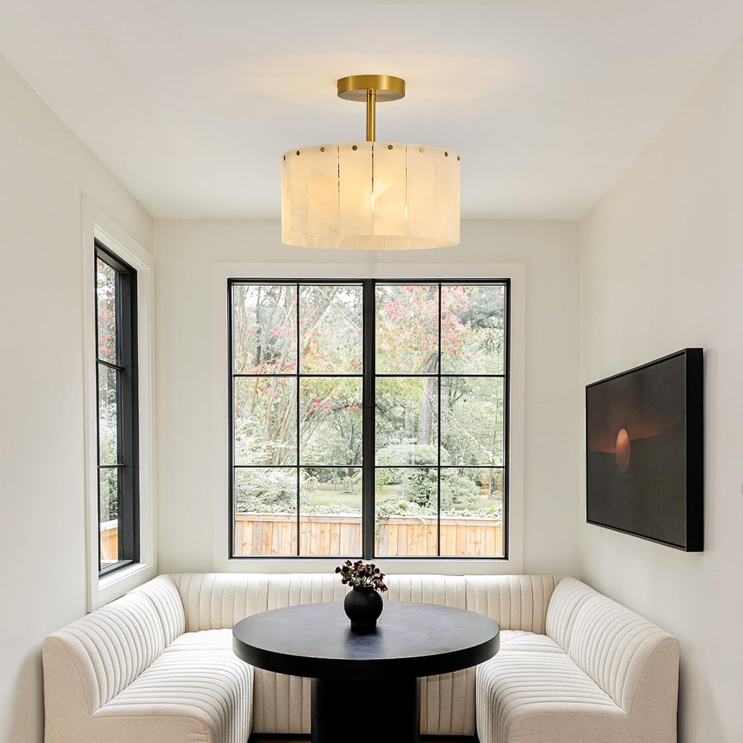 Modern Spanish Alabaster Semi Flush Mount Ceiling Light Gold Round Luxury 3-Light Fixture