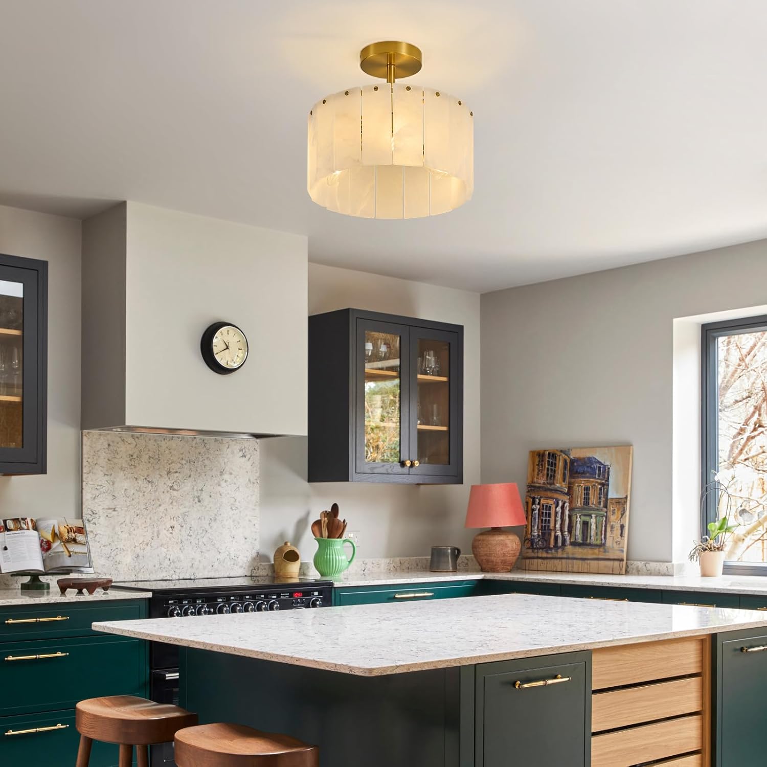 Modern Spanish Alabaster Semi Flush Mount Ceiling Light Gold Round Luxury 3-Light Fixture