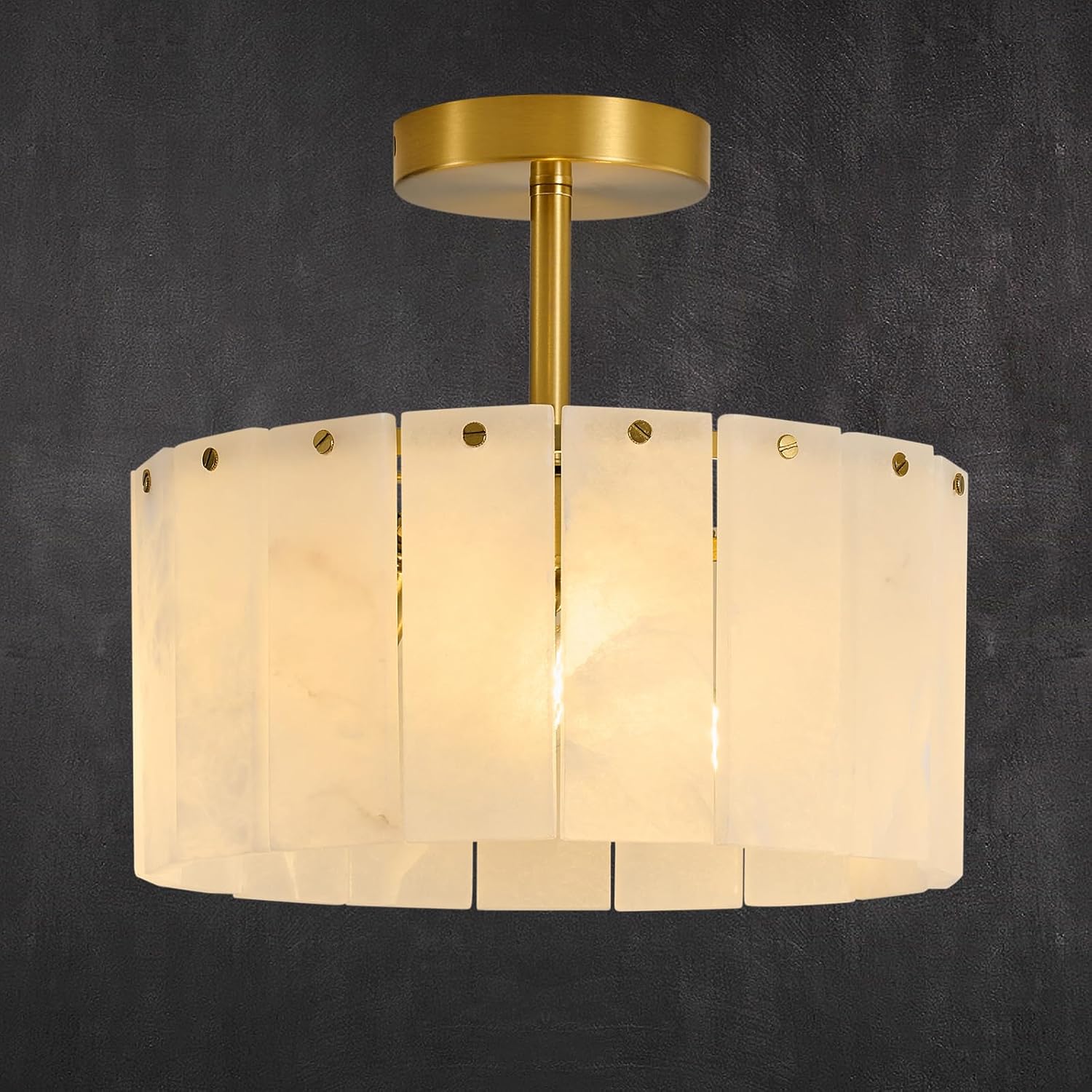 Modern Spanish Alabaster Semi Flush Mount Ceiling Light Gold Round Luxury 3-Light Fixture