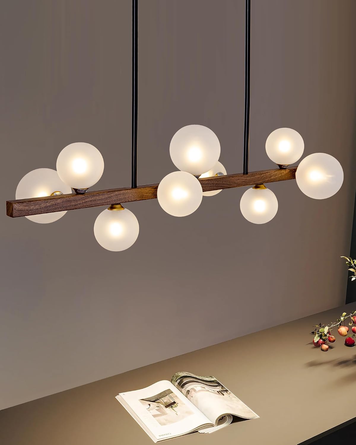 Modern Wooden Linear 9-Light Glass Globe Pendant Chandelier