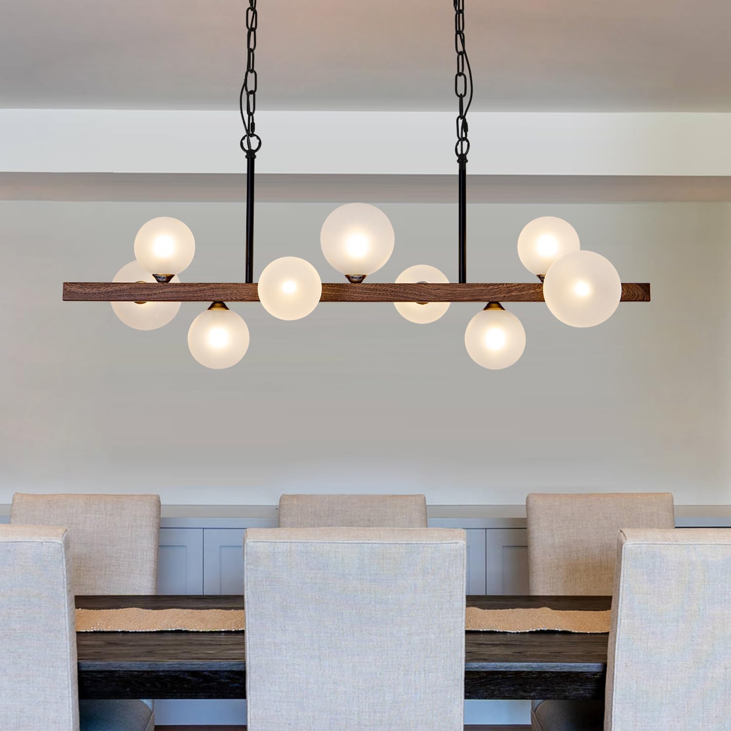 Modern Wooden Linear 9-Light Glass Globe Pendant Chandelier