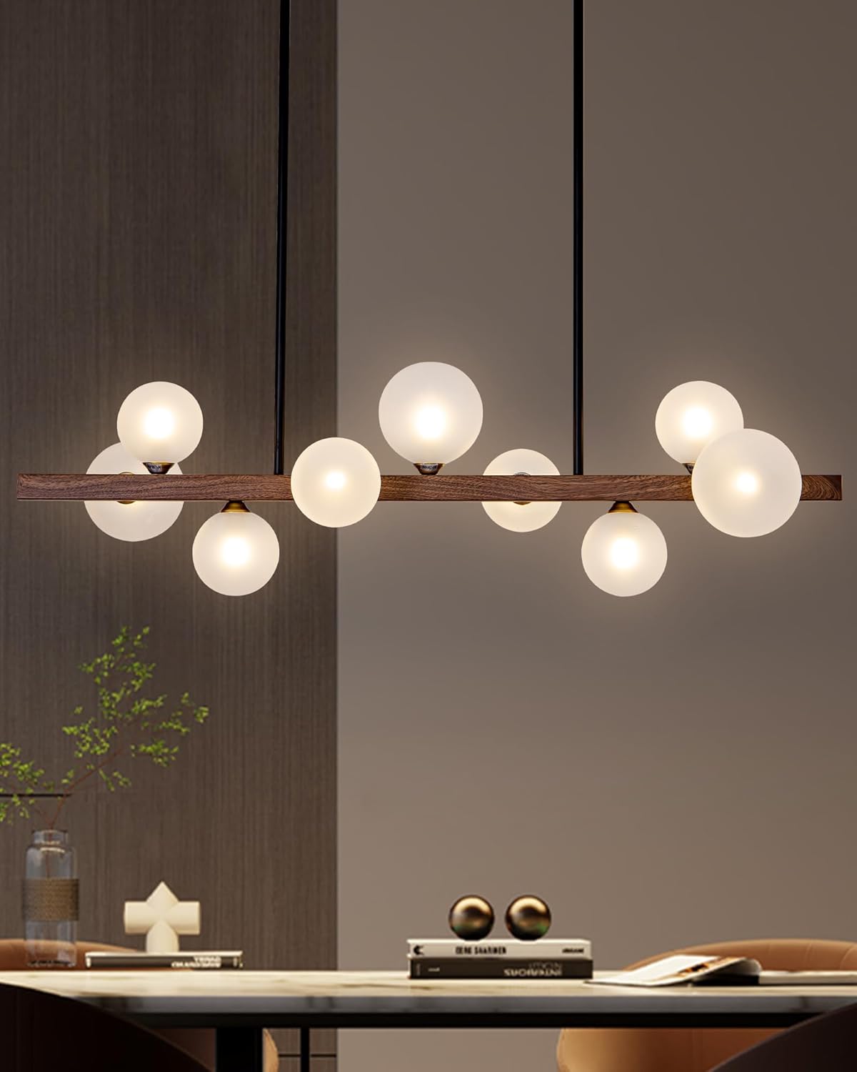 Modern Wooden Linear 9-Light Glass Globe Pendant Chandelier