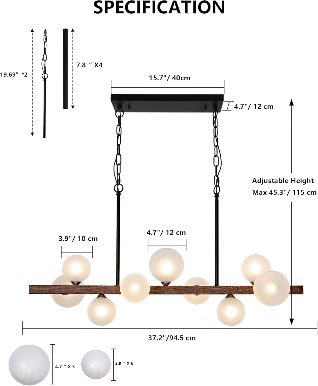 Modern Wooden Linear 9-Light Glass Globe Pendant Chandelier