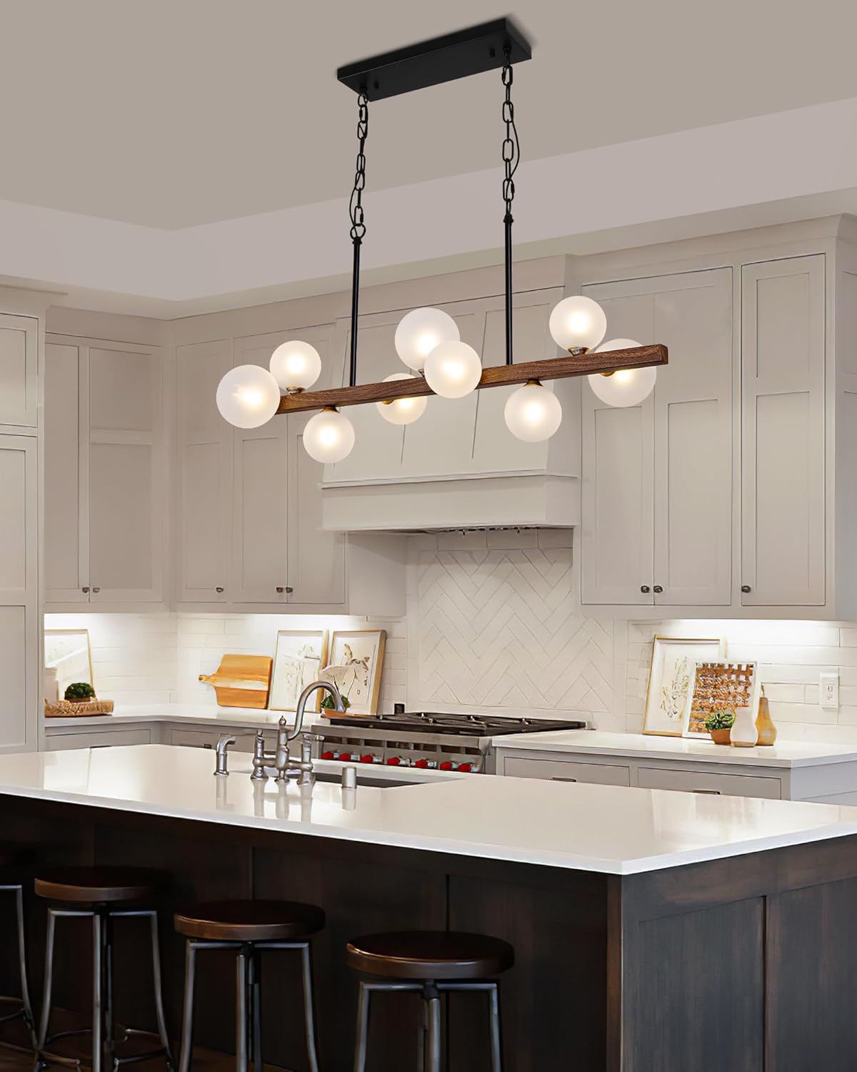 Modern Wooden Linear 9-Light Glass Globe Pendant Chandelier