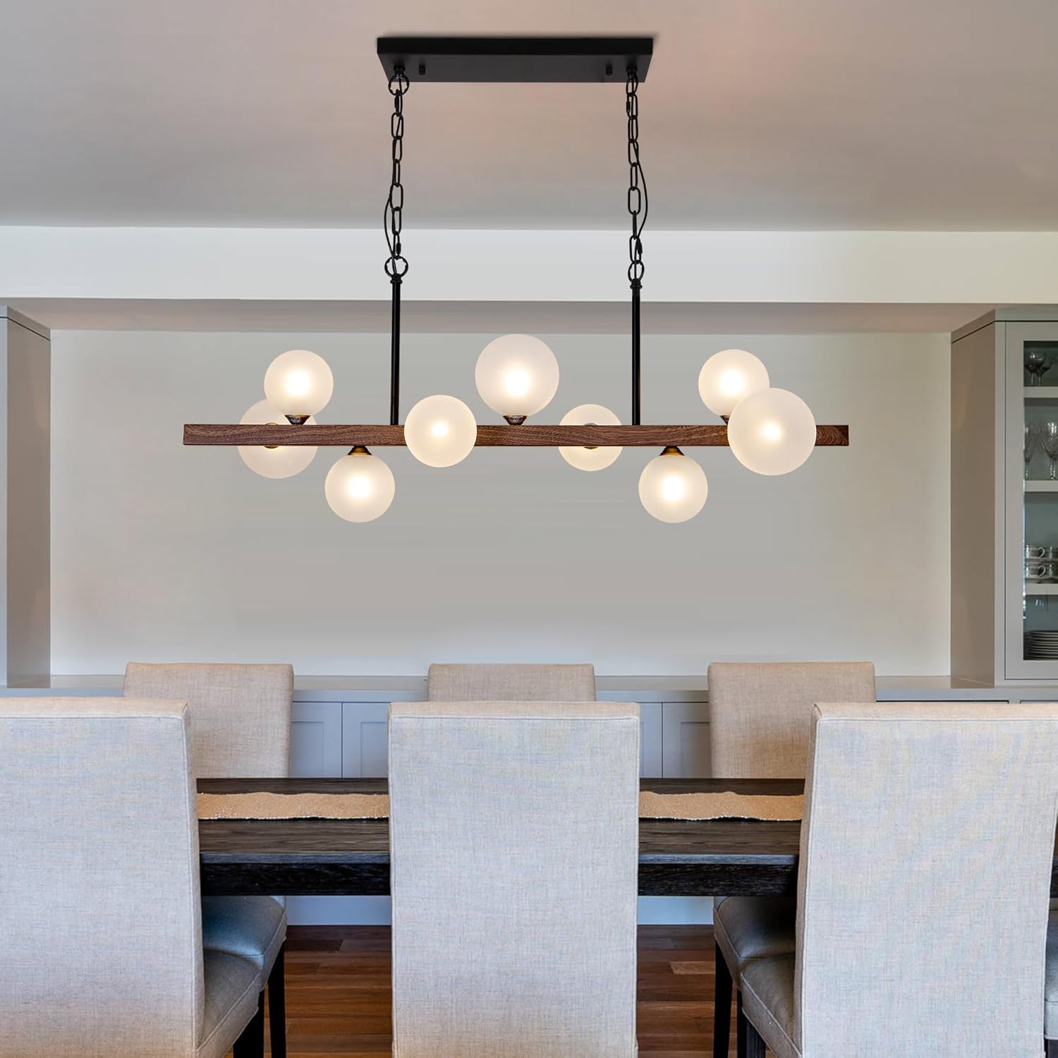 Modern Wooden Linear 9-Light Glass Globe Pendant Chandelier