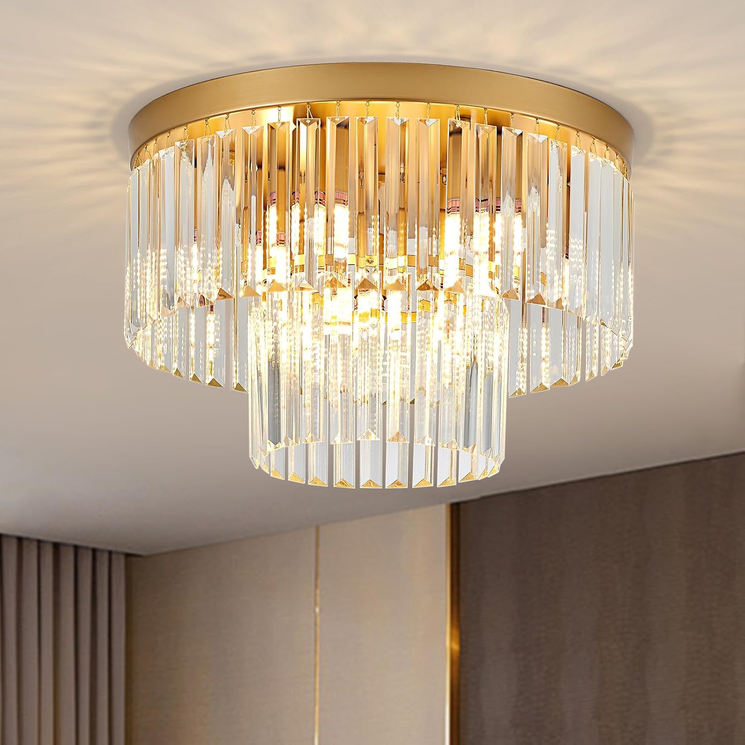 Luxury Gold Tiered Crystal Flush Mount Chandelier E12 17 Inch