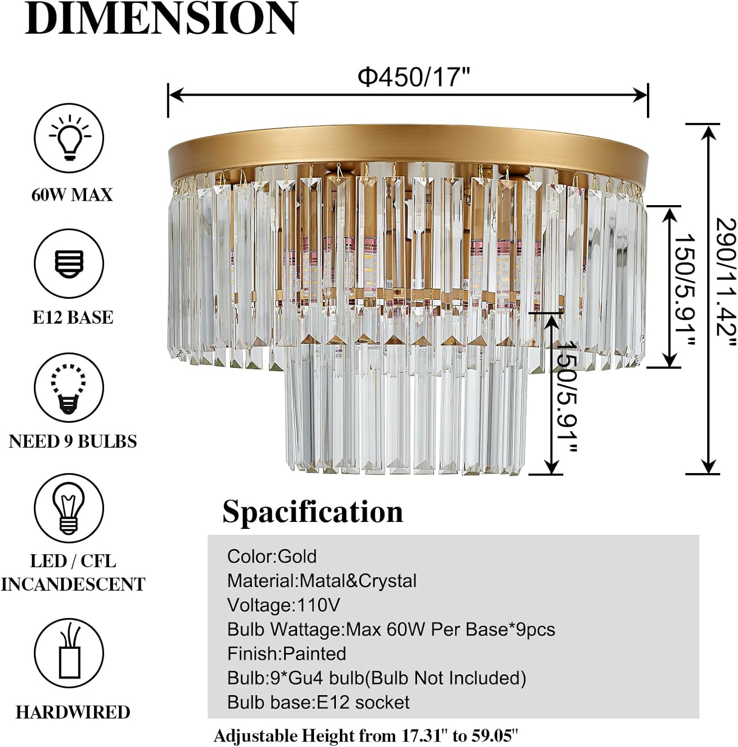Luxury Gold Tiered Crystal Flush Mount Chandelier E12 17 Inch