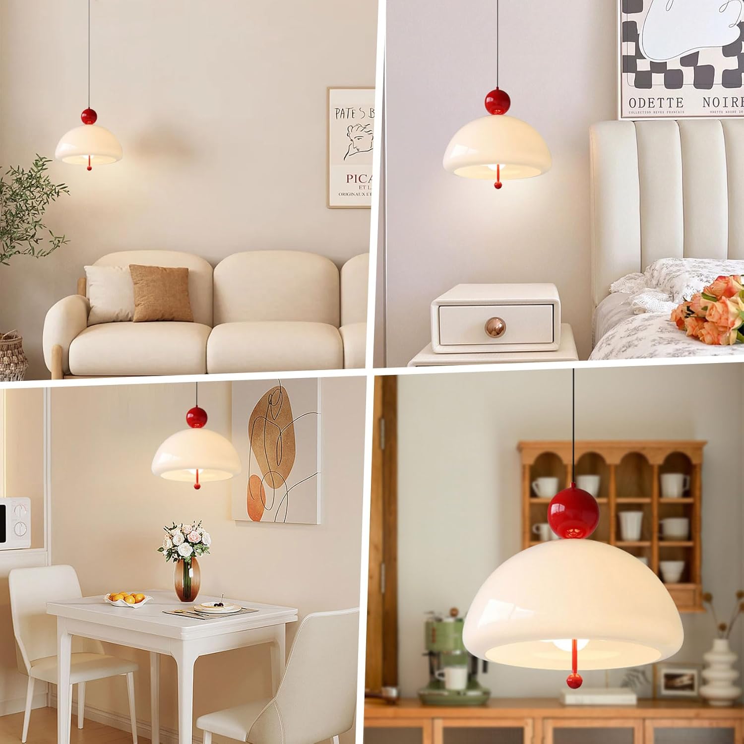 Nordic Modern Dome Pendant Light White and Red Hanging Ceiling Lamp Adjustable E26 Fixture