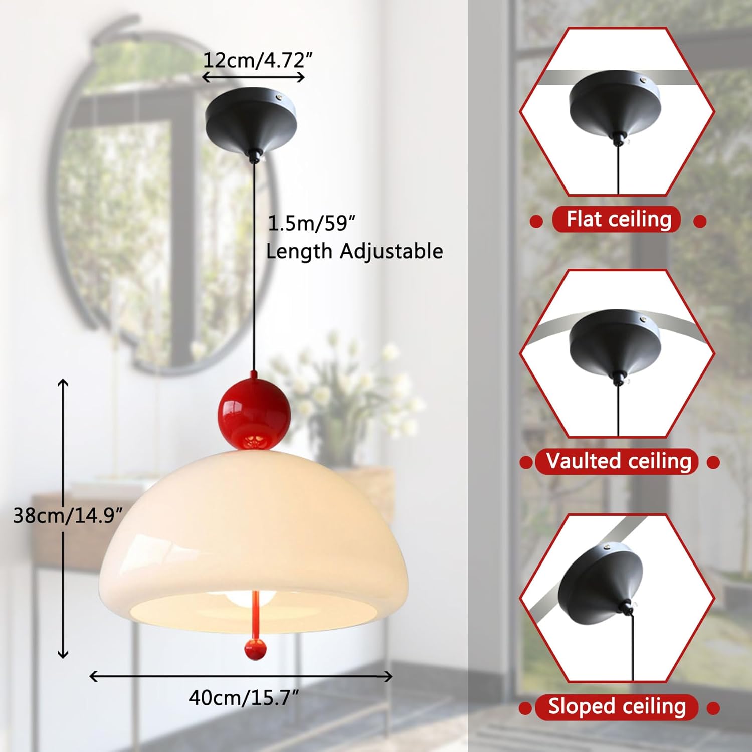 Nordic Modern Dome Pendant Light White and Red Hanging Ceiling Lamp Adjustable E26 Fixture