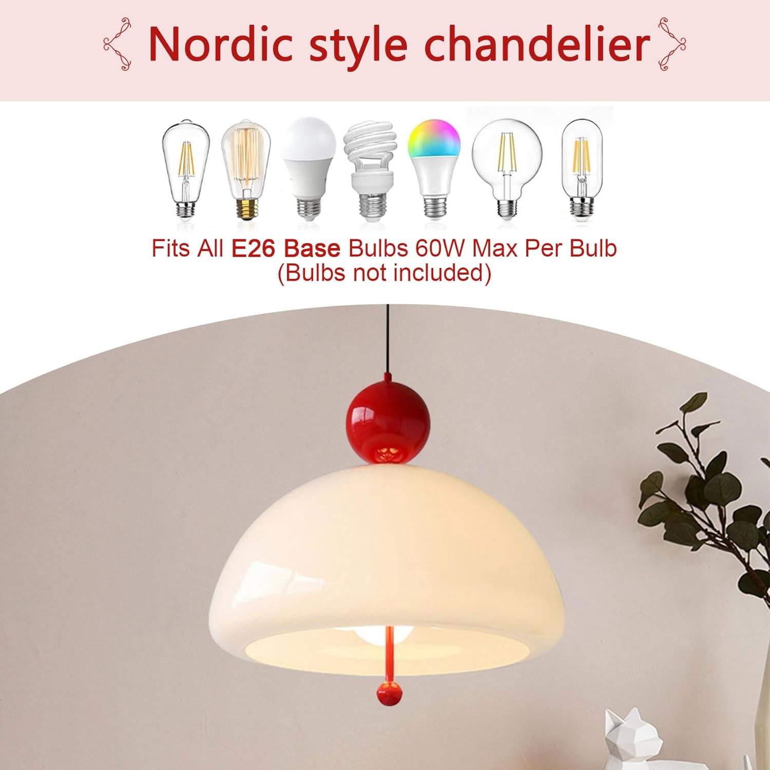 Nordic Modern Dome Pendant Light White and Red Hanging Ceiling Lamp Adjustable E26 Fixture