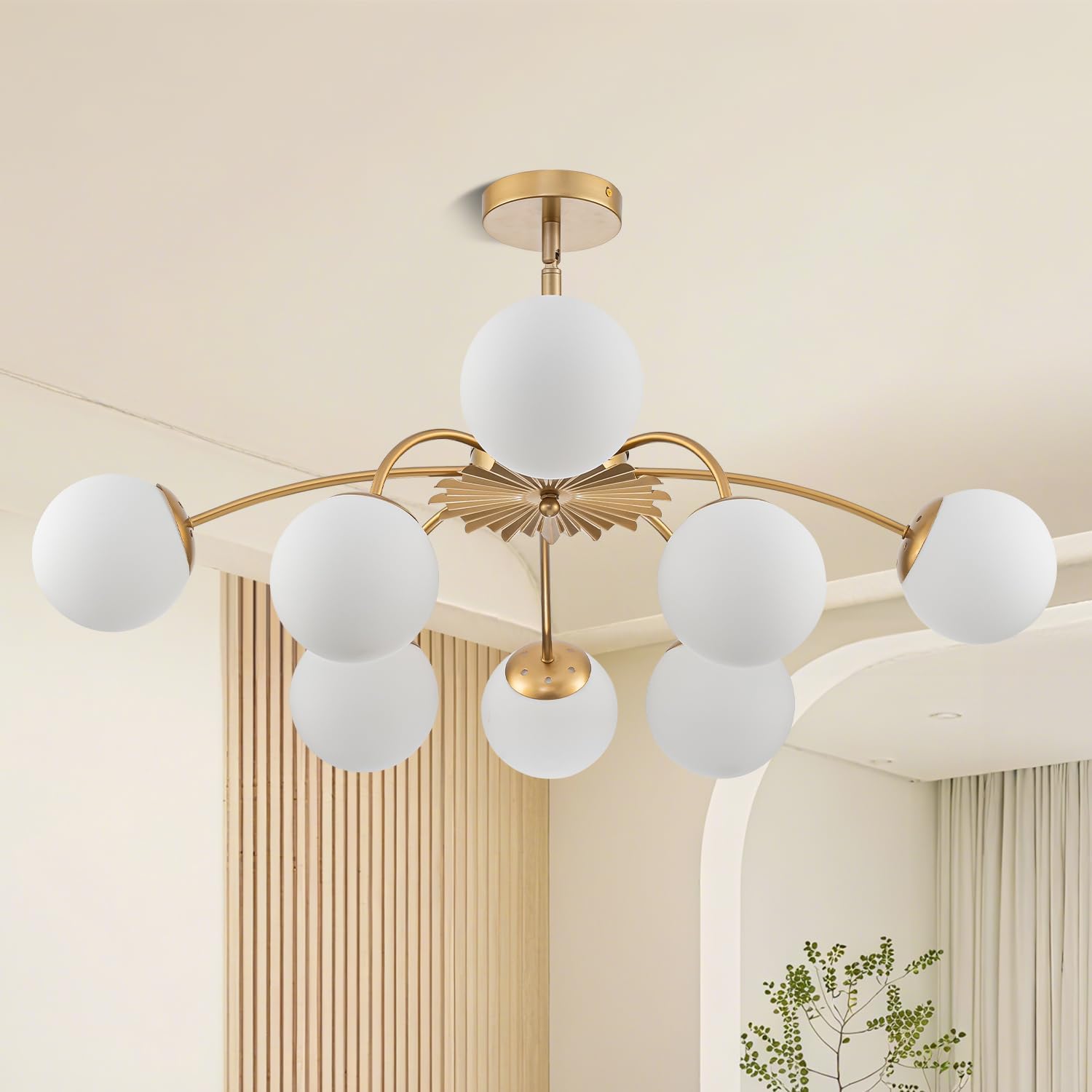 Luxury Gold 8-Light Sputnik Chandelier with Opal Glass Globe Shades Modern Ceiling Pendant Light
