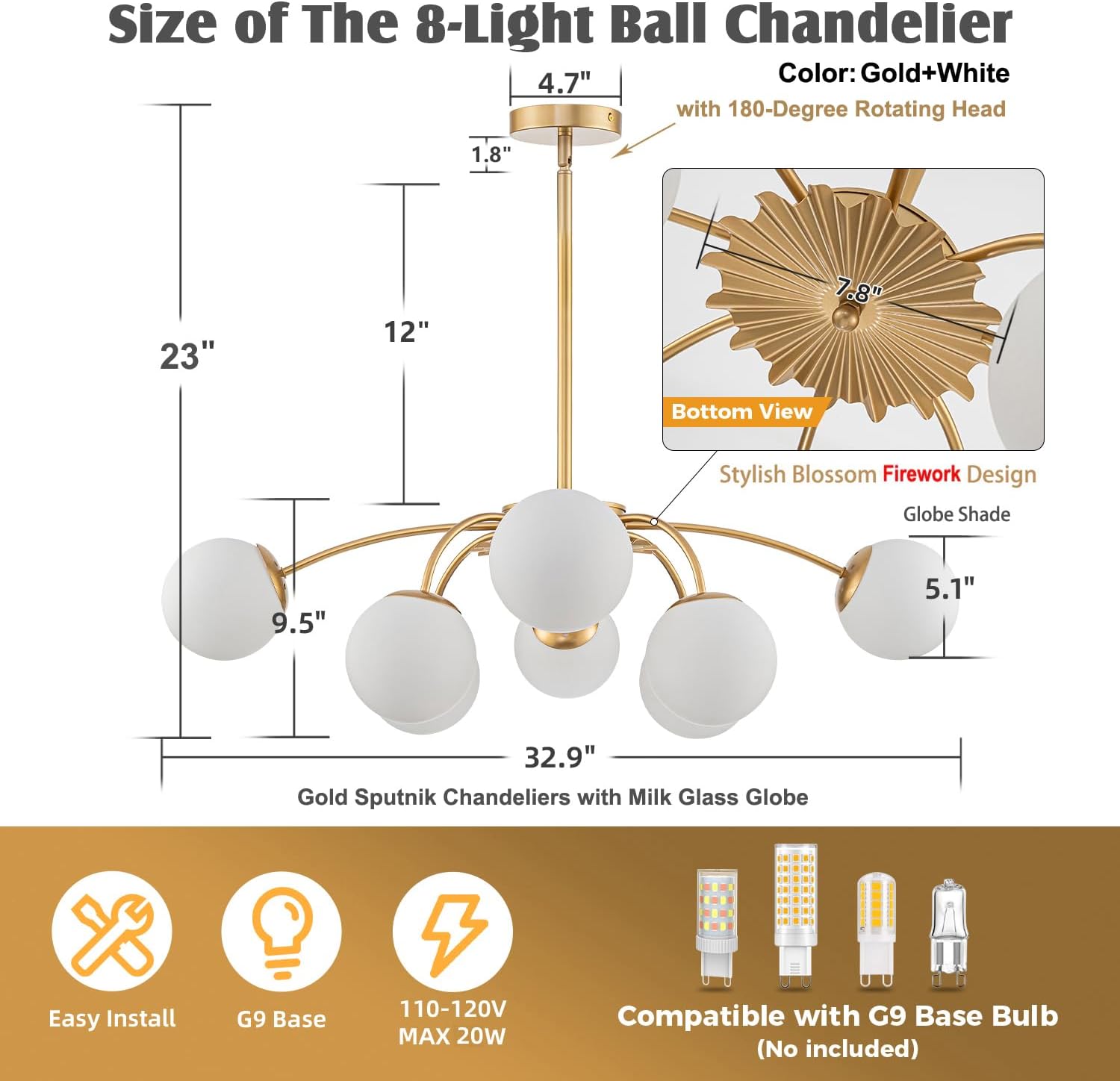 Luxury Gold 8-Light Sputnik Chandelier with Opal Glass Globe Shades Modern Ceiling Pendant Light