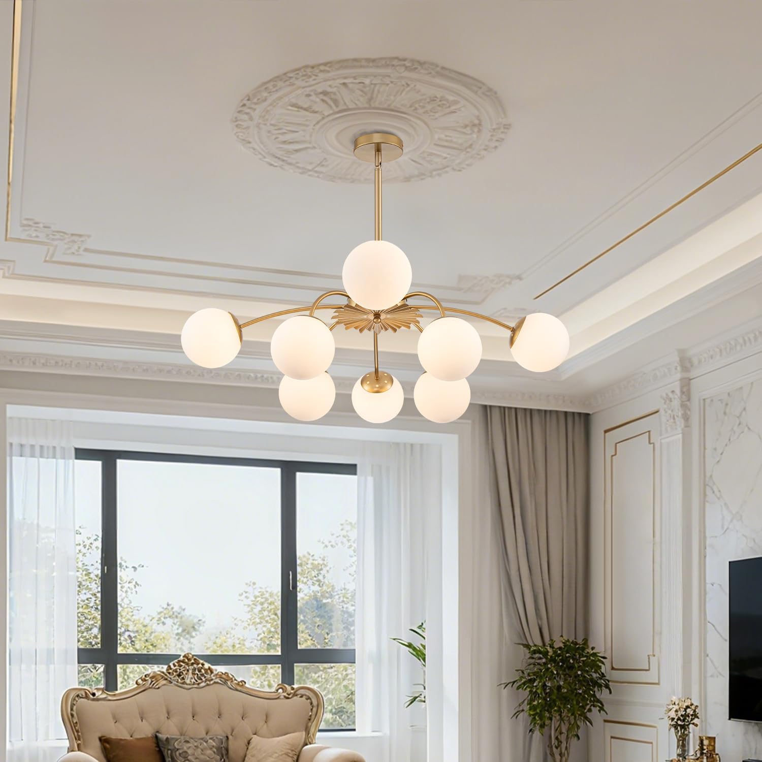 Luxury Gold 8-Light Sputnik Chandelier with Opal Glass Globe Shades Modern Ceiling Pendant Light