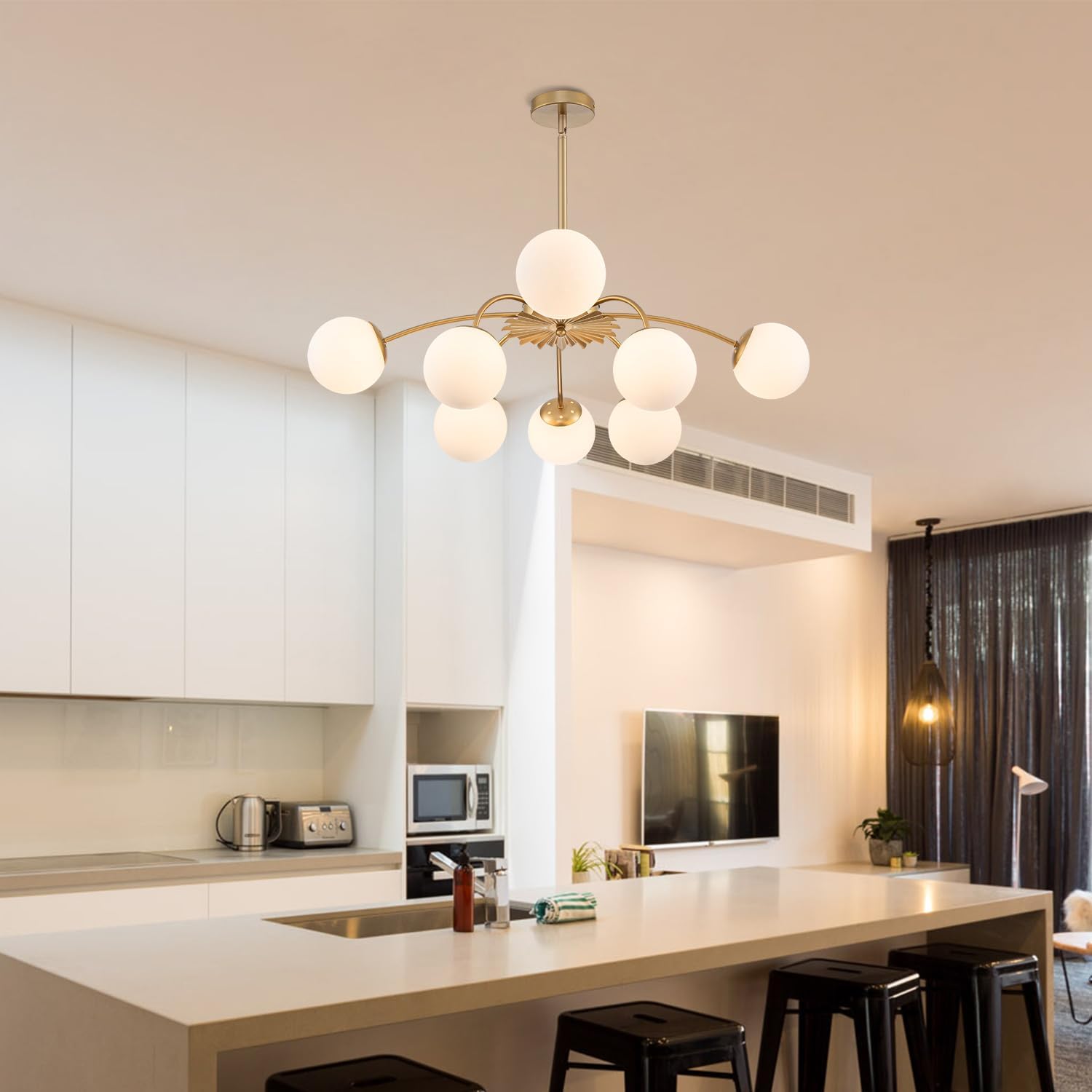 Luxury Gold 8-Light Sputnik Chandelier with Opal Glass Globe Shades Modern Ceiling Pendant Light
