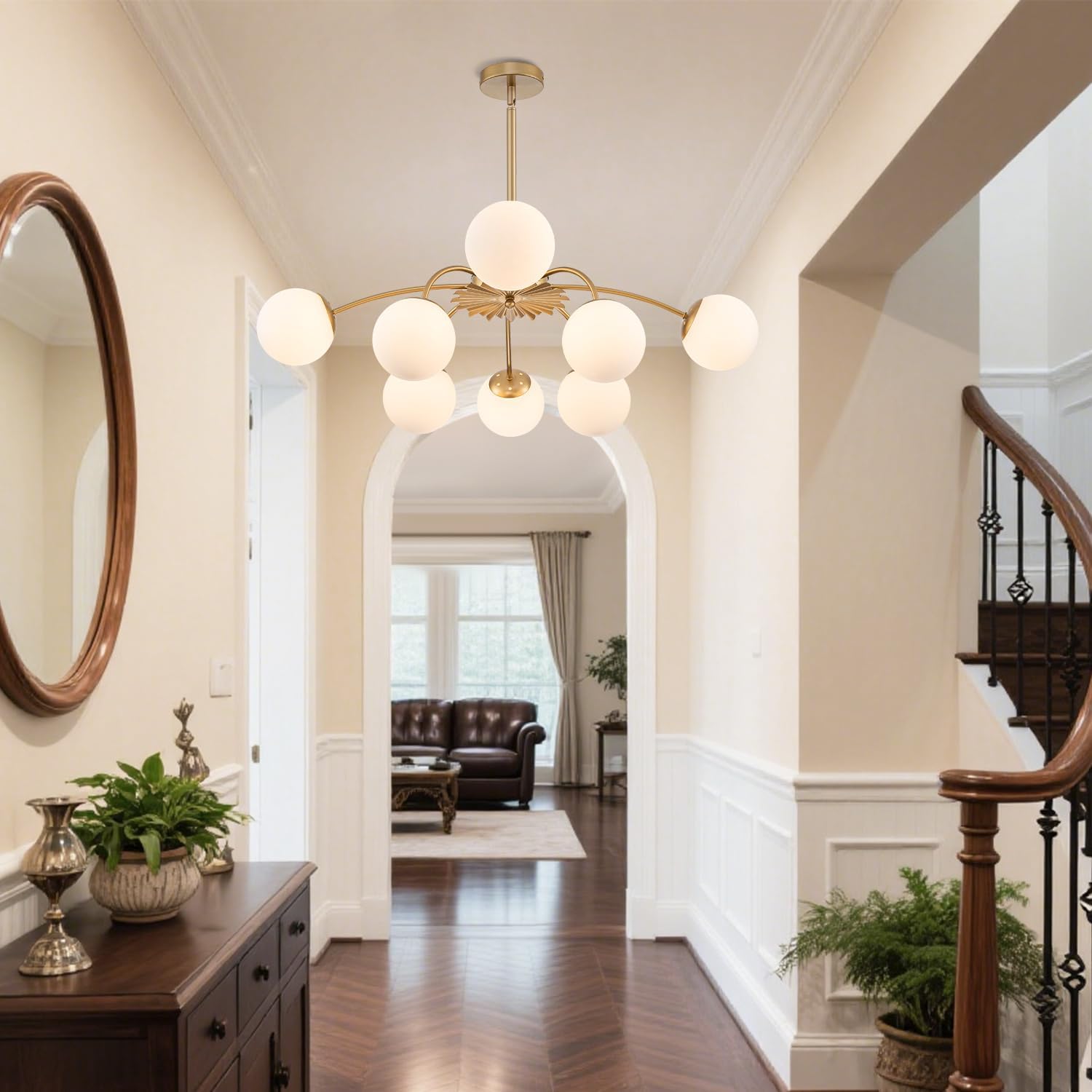 Luxury Gold 8-Light Sputnik Chandelier with Opal Glass Globe Shades Modern Ceiling Pendant Light