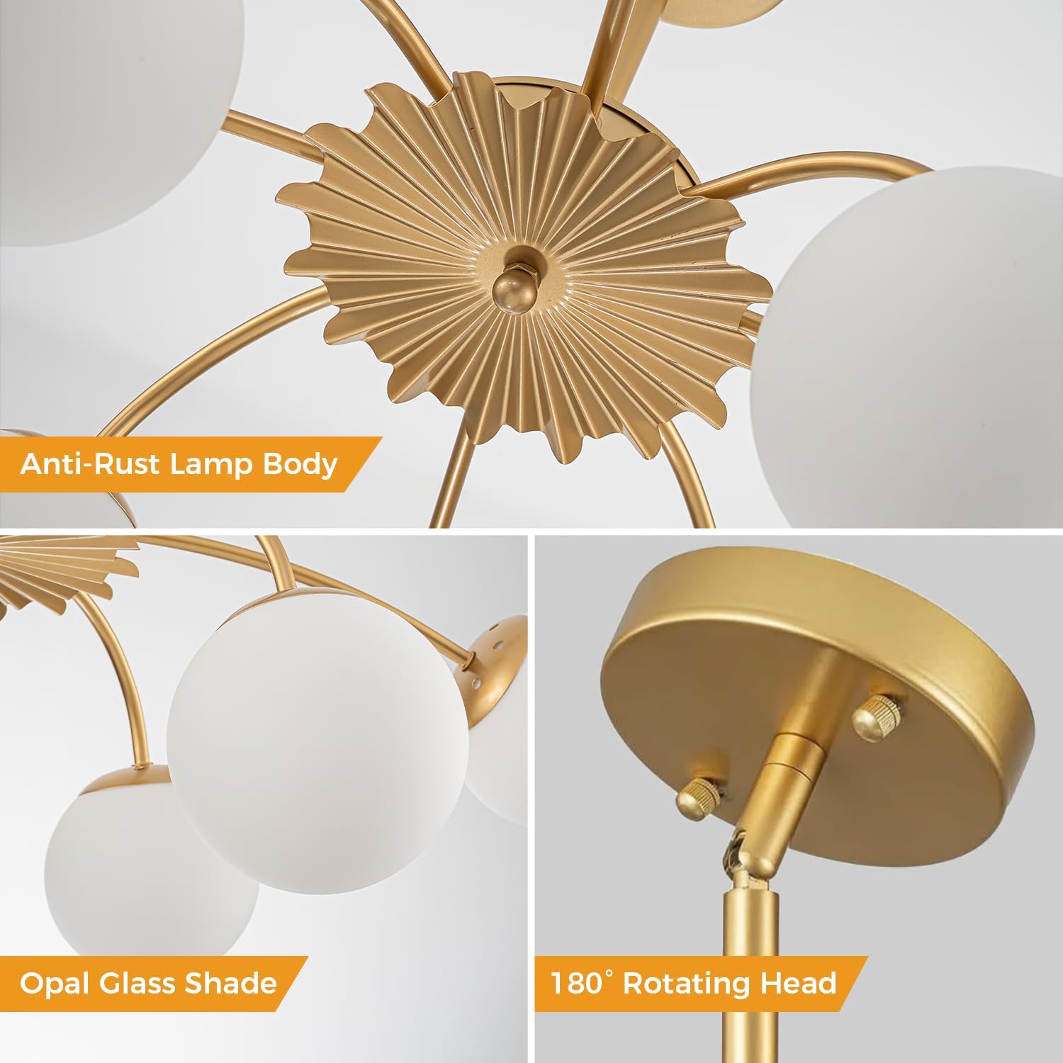 Luxury Gold 8-Light Sputnik Chandelier with Opal Glass Globe Shades Modern Ceiling Pendant Light