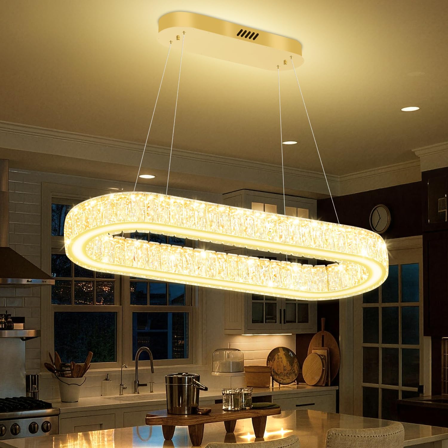 Modern Oval Gold Crystal LED Chandelier Dimmable Pendant Light Adjustable Height Kitchen Island Lighting