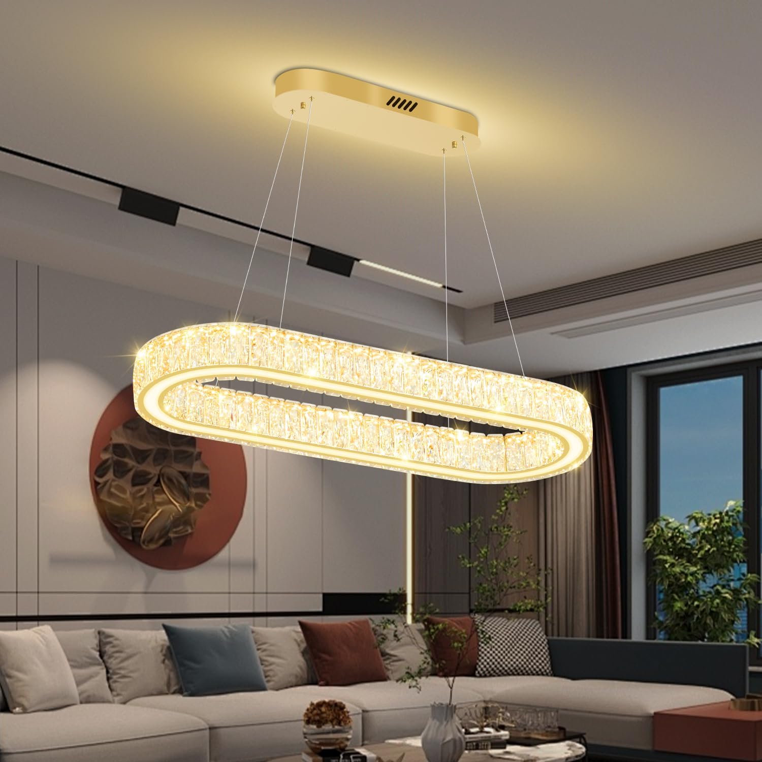 Modern Oval Gold Crystal LED Chandelier Dimmable Pendant Light Adjustable Height Kitchen Island Lighting