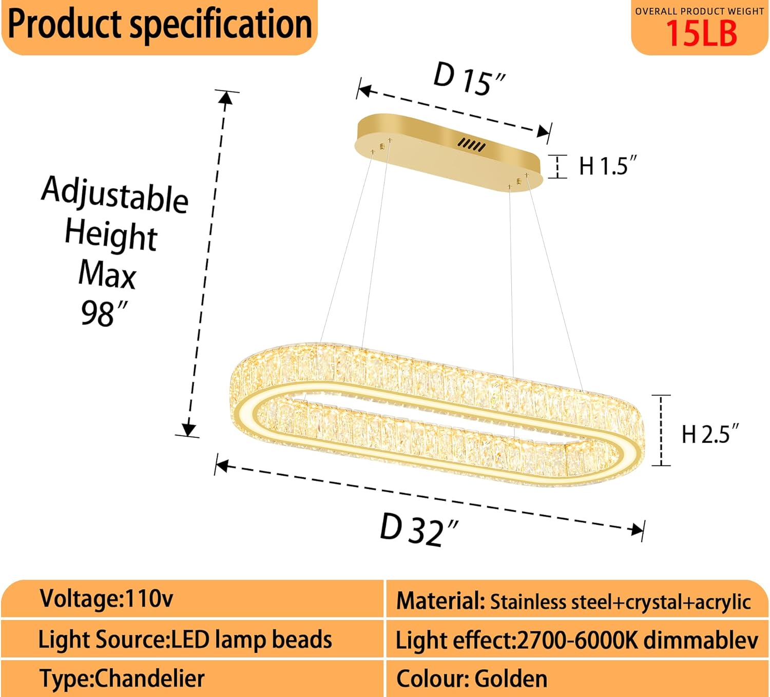 Modern Oval Gold Crystal LED Chandelier Dimmable Pendant Light Adjustable Height Kitchen Island Lighting