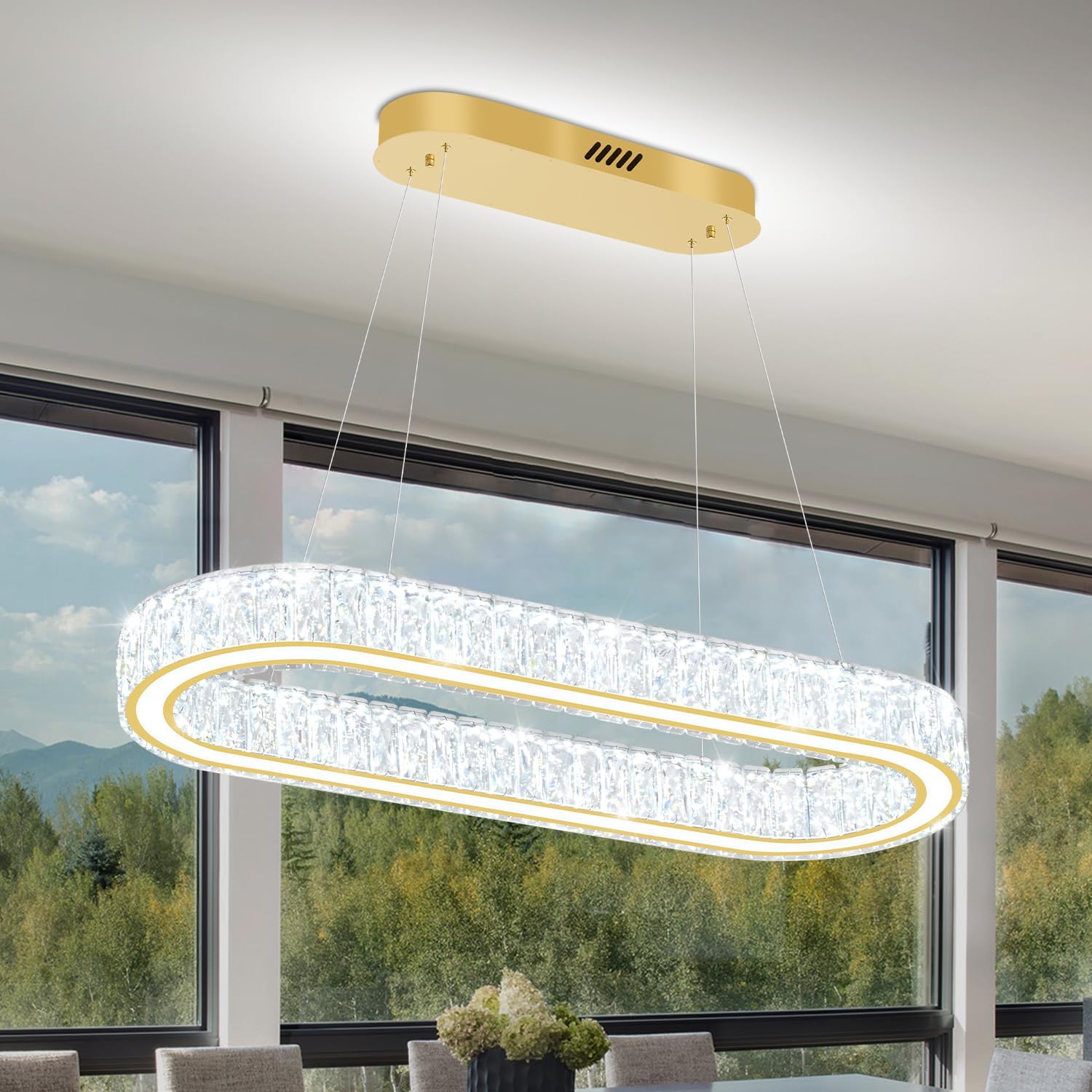 Modern Oval Gold Crystal LED Chandelier Dimmable Pendant Light Adjustable Height Kitchen Island Lighting