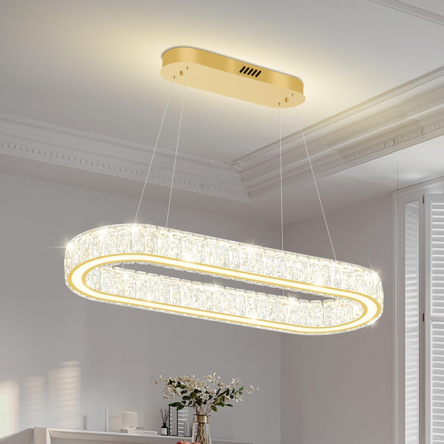 Modern Oval Gold Crystal LED Chandelier Dimmable Pendant Light Adjustable Height Kitchen Island Lighting