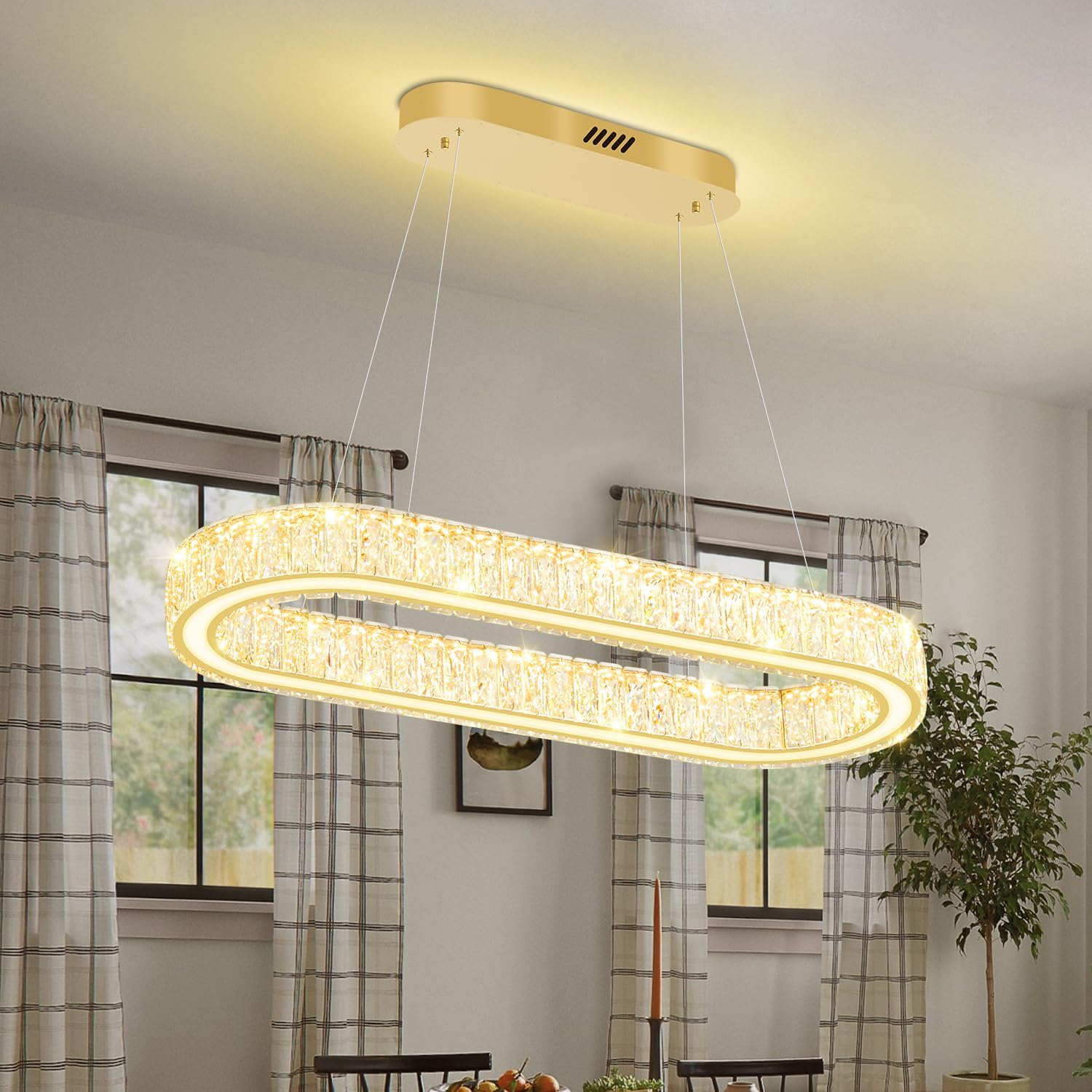 Modern Oval Gold Crystal LED Chandelier Dimmable Pendant Light Adjustable Height Kitchen Island Lighting