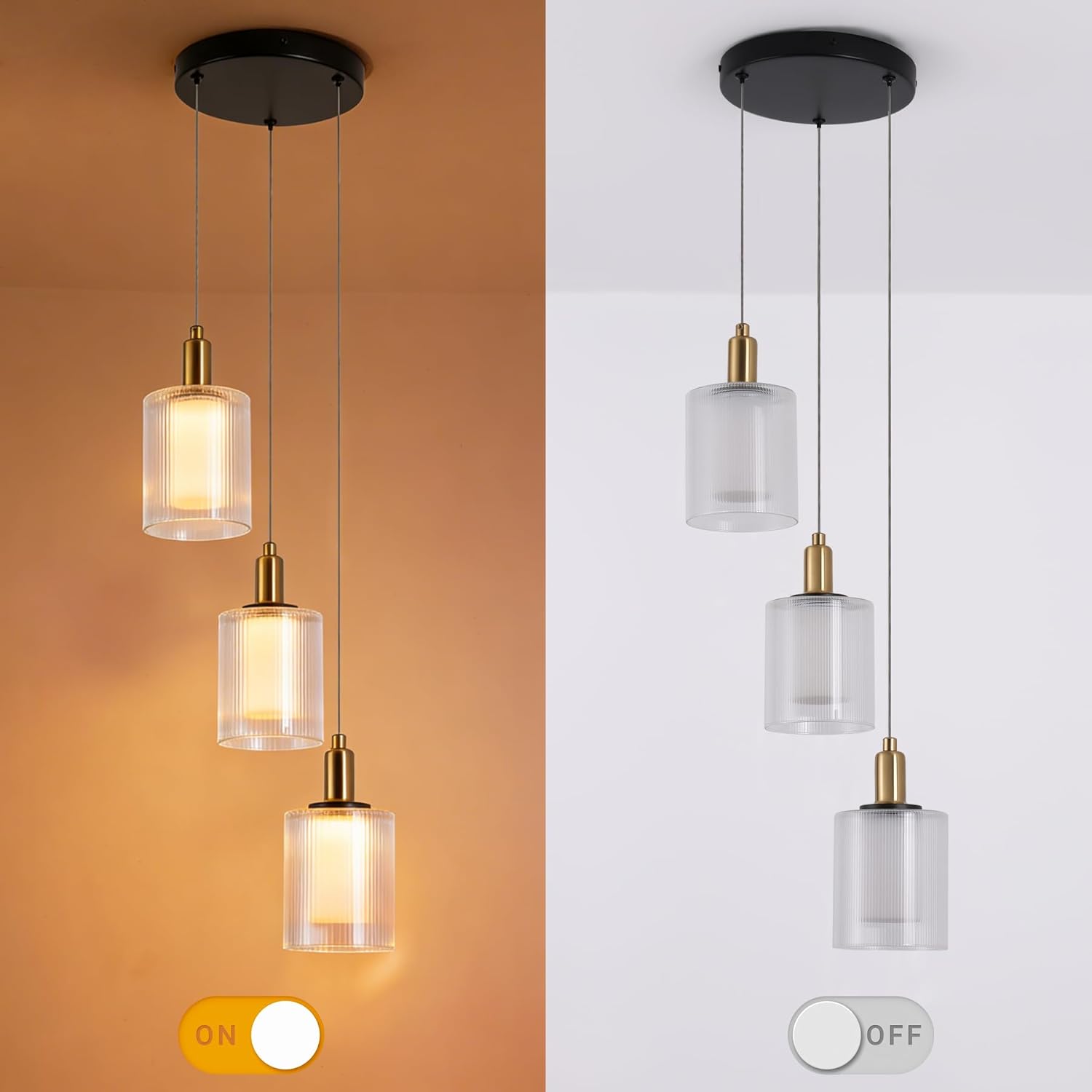 Modern 3-Light Integrated LED Pendant Chandelier with Ribbed Glass Shades, Black and Brass Ceiling Light