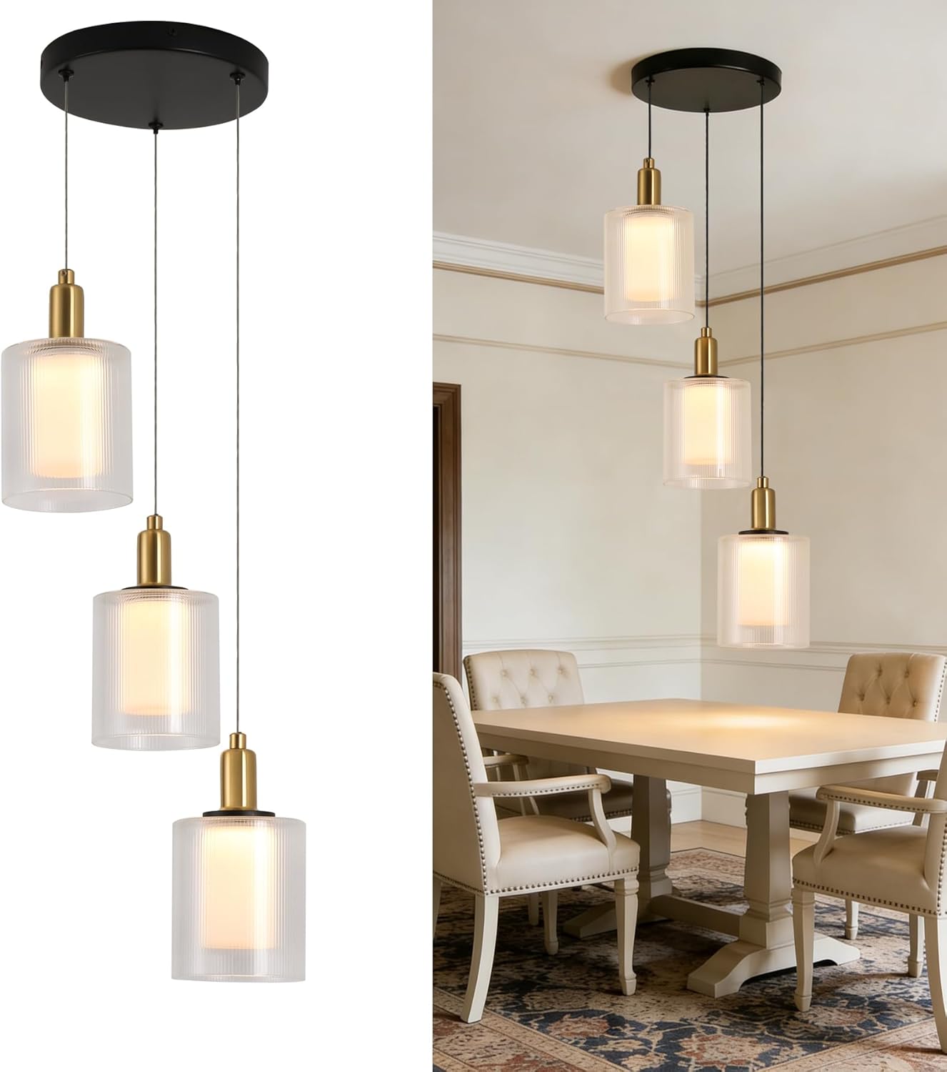 Modern 3-Light Integrated LED Pendant Chandelier with Ribbed Glass Shades, Black and Brass Ceiling Light