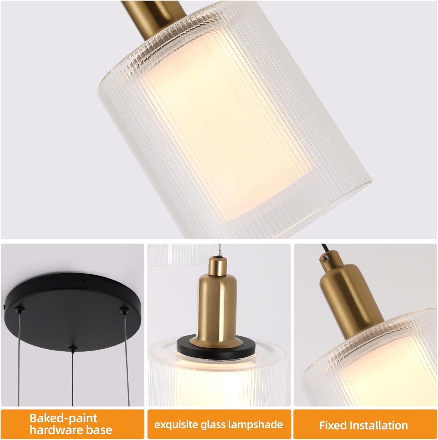 Modern 3-Light Integrated LED Pendant Chandelier with Ribbed Glass Shades, Black and Brass Ceiling Light