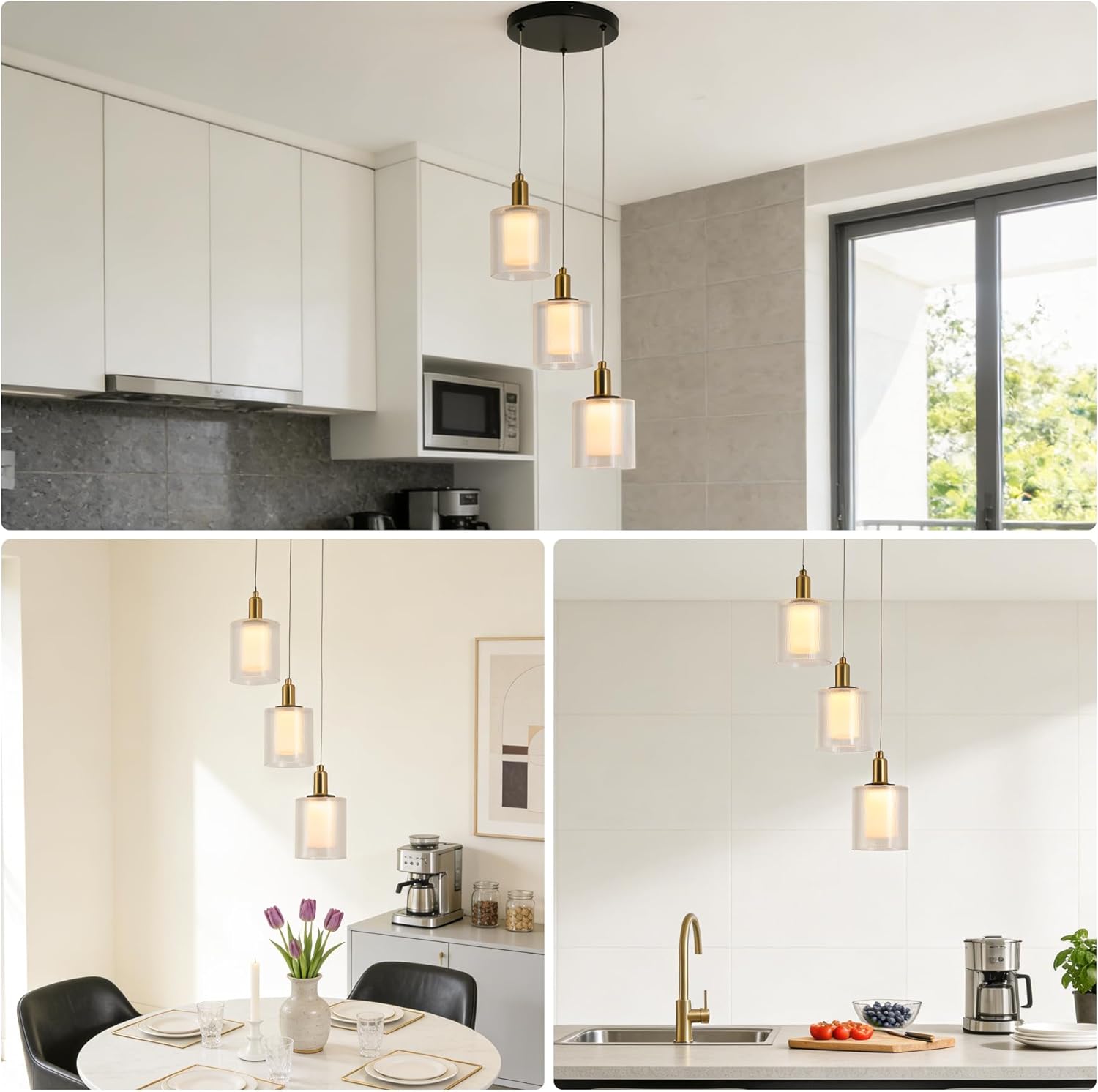Modern 3-Light Integrated LED Pendant Chandelier with Ribbed Glass Shades, Black and Brass Ceiling Light