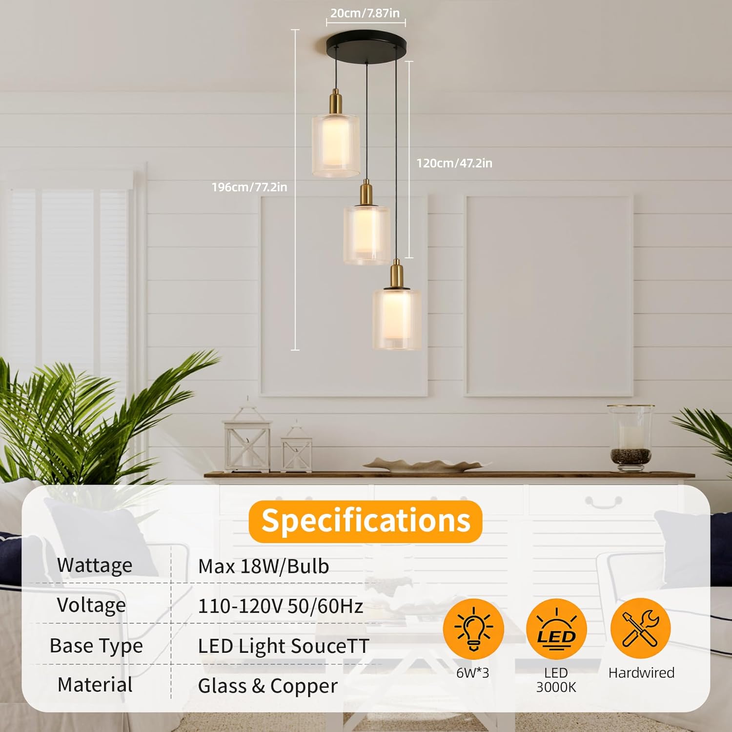 Modern 3-Light Integrated LED Pendant Chandelier with Ribbed Glass Shades, Black and Brass Ceiling Light