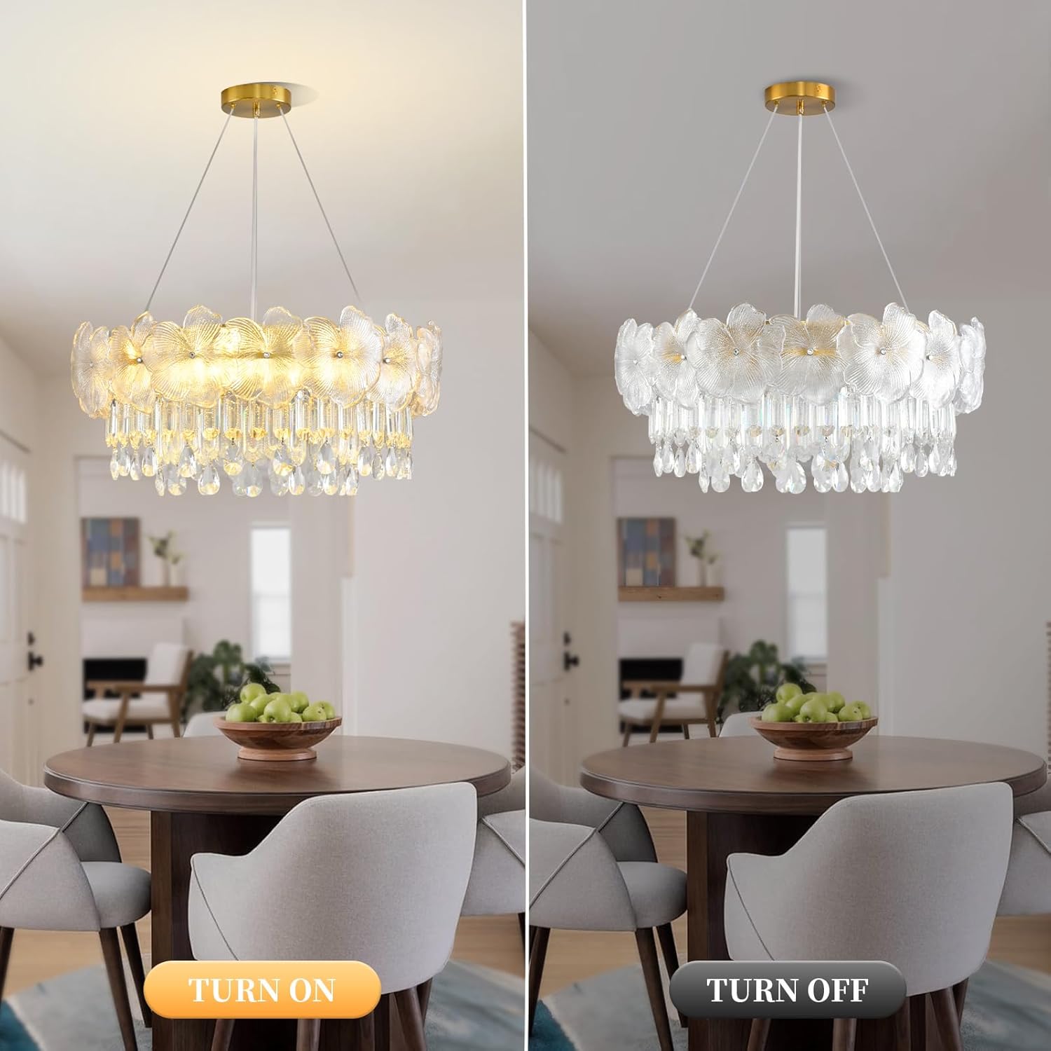 Luxury Modern Floral Crystal Chandelier, 22.8'' Round Adjustable Pendant with K9 Crystal and Glass Flowers, 8-Light E12 Ceiling Fixture