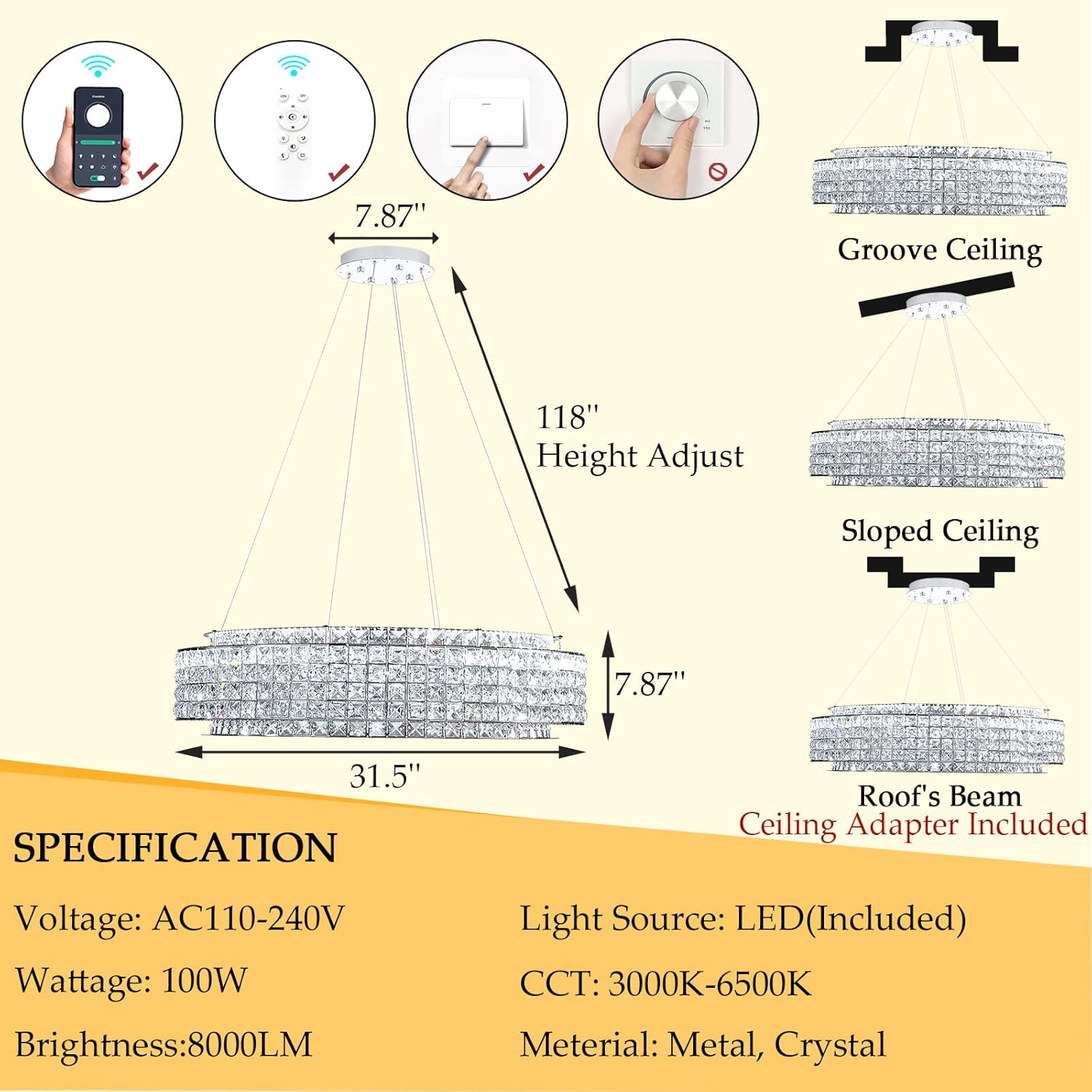 Modern Luxury Crystal LED Chandelier Round Dimmable Pendant Light Adjustable Height Ceiling Lamp