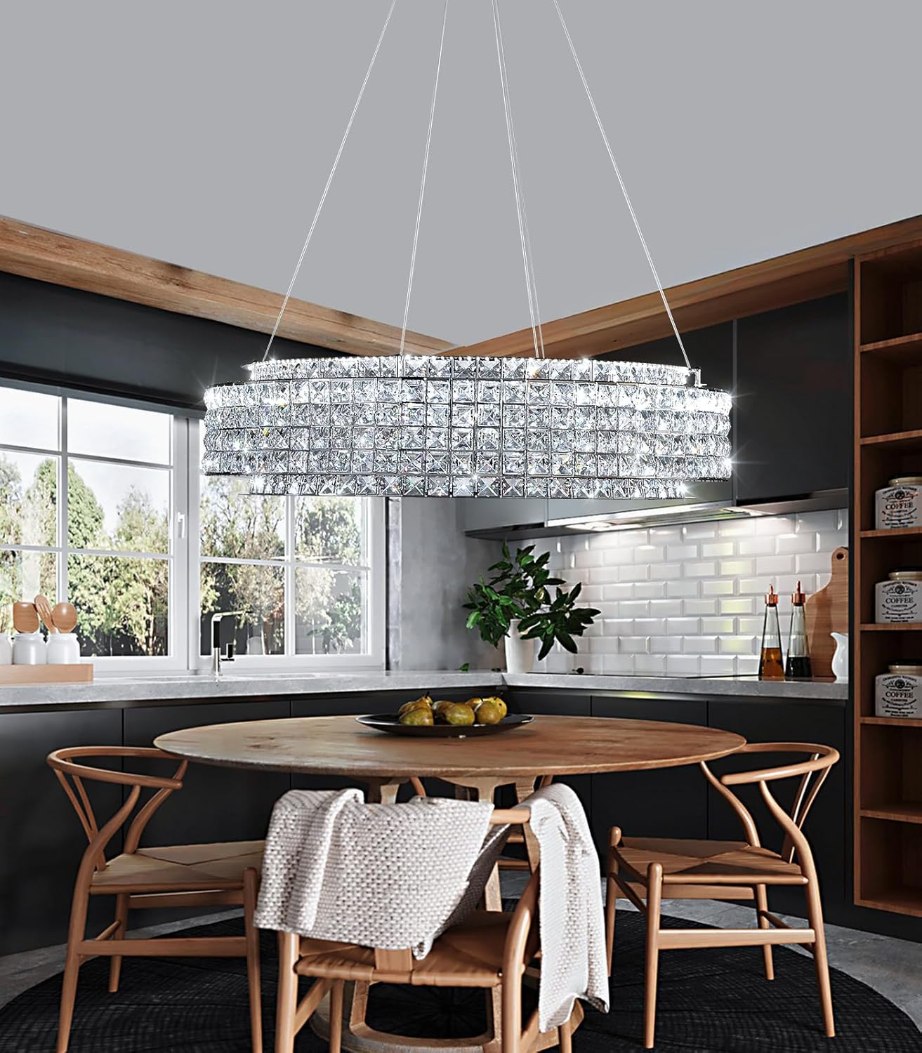 Modern Luxury Crystal LED Chandelier Round Dimmable Pendant Light Adjustable Height Ceiling Lamp