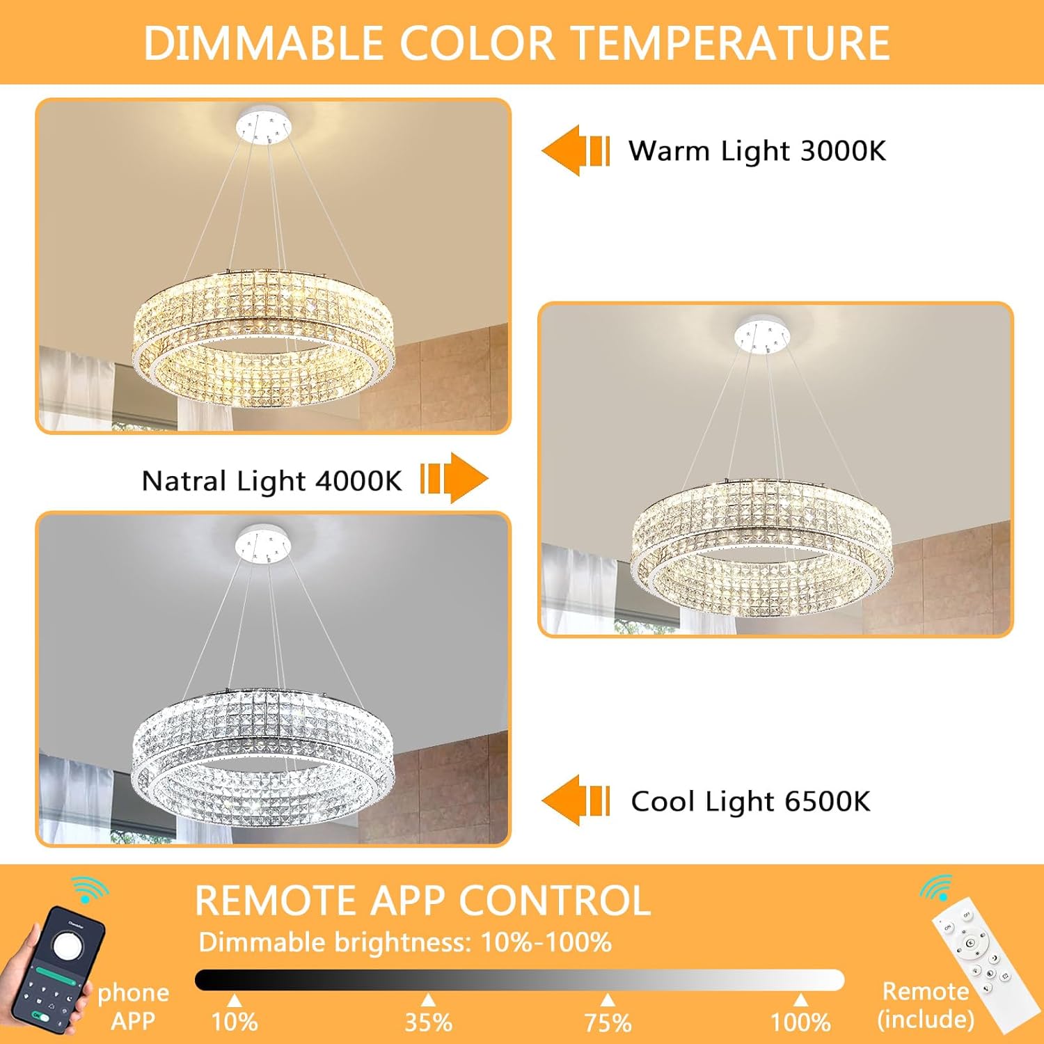 Modern Luxury Crystal LED Chandelier Round Dimmable Pendant Light Adjustable Height Ceiling Lamp