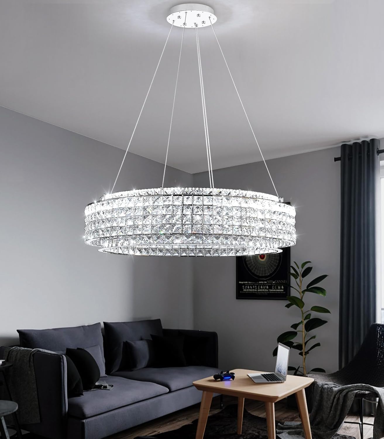 Modern Luxury Crystal LED Chandelier Round Dimmable Pendant Light Adjustable Height Ceiling Lamp