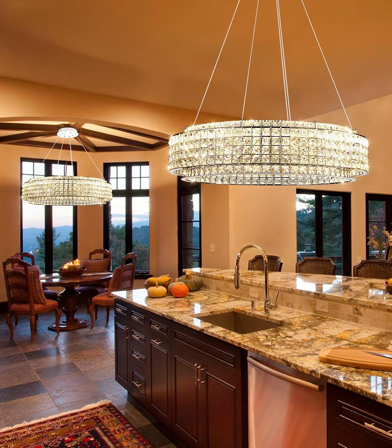 Modern Luxury Crystal LED Chandelier Round Dimmable Pendant Light Adjustable Height Ceiling Lamp