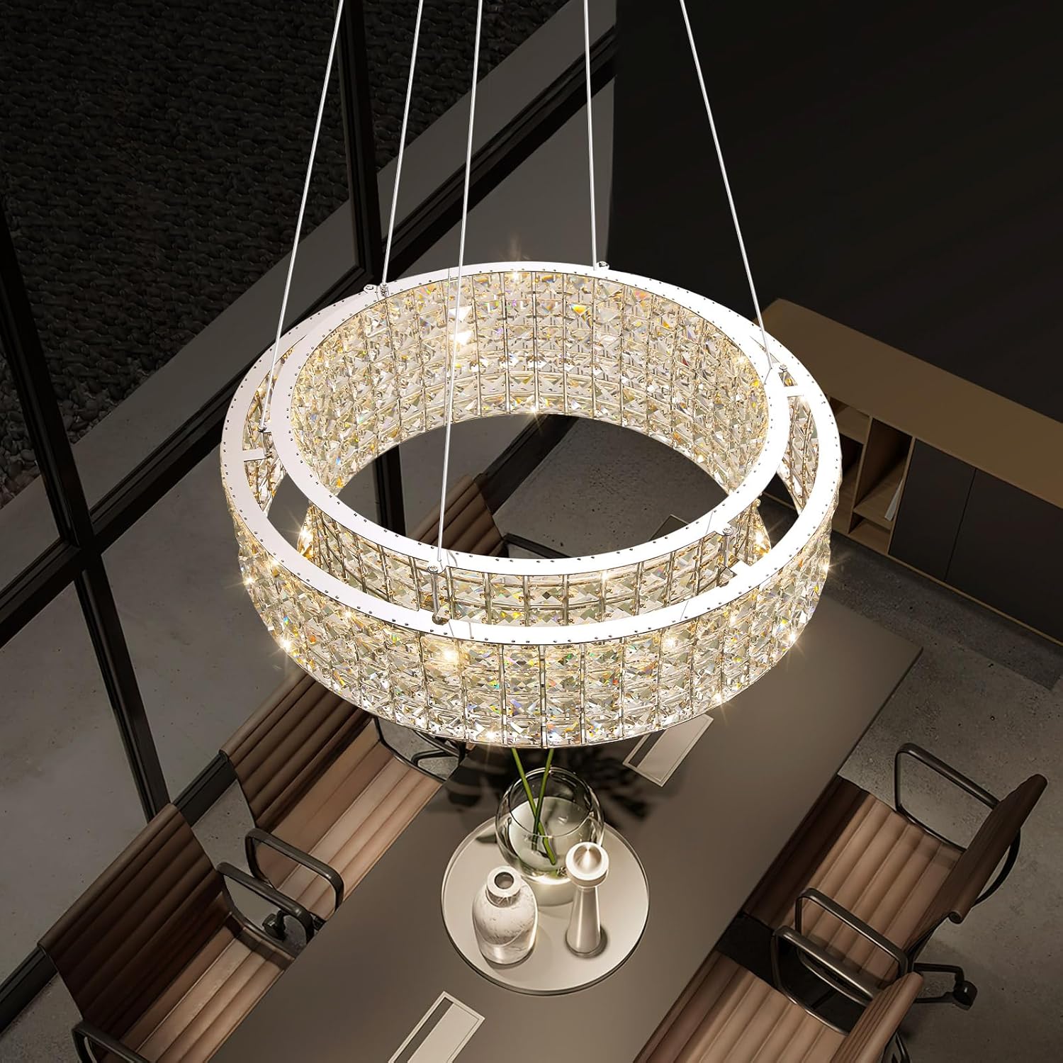 Modern Luxury Crystal LED Chandelier Round Dimmable Pendant Light Adjustable Height Ceiling Lamp