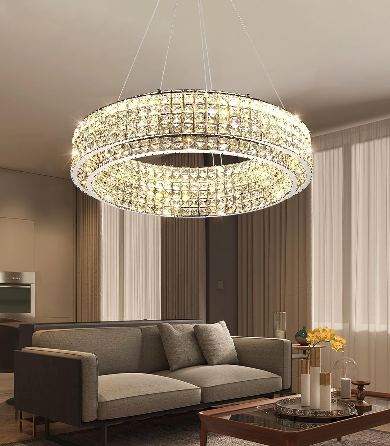 Modern Luxury Crystal LED Chandelier Round Dimmable Pendant Light Adjustable Height Ceiling Lamp