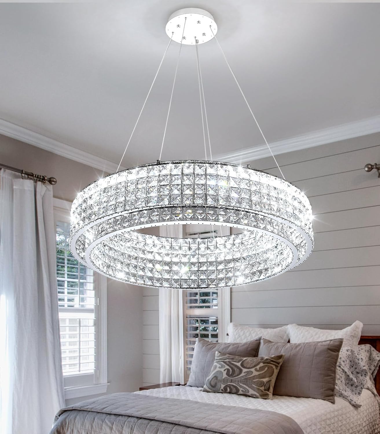 Modern Luxury Crystal LED Chandelier Round Dimmable Pendant Light Adjustable Height Ceiling Lamp