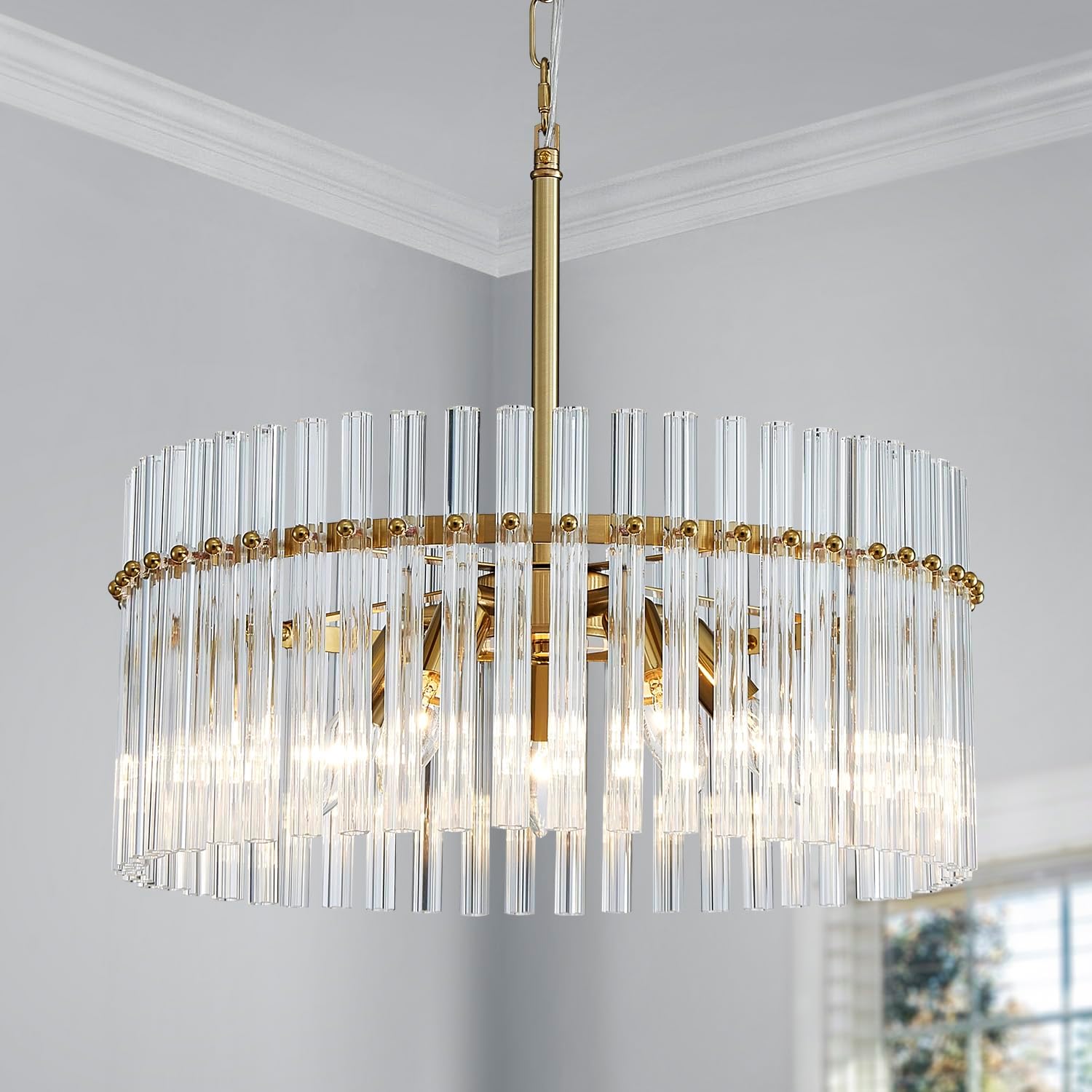 Luxury Modern Crystal Chandelier – Round Gold Pendant Ceiling Light with Adjustable Height