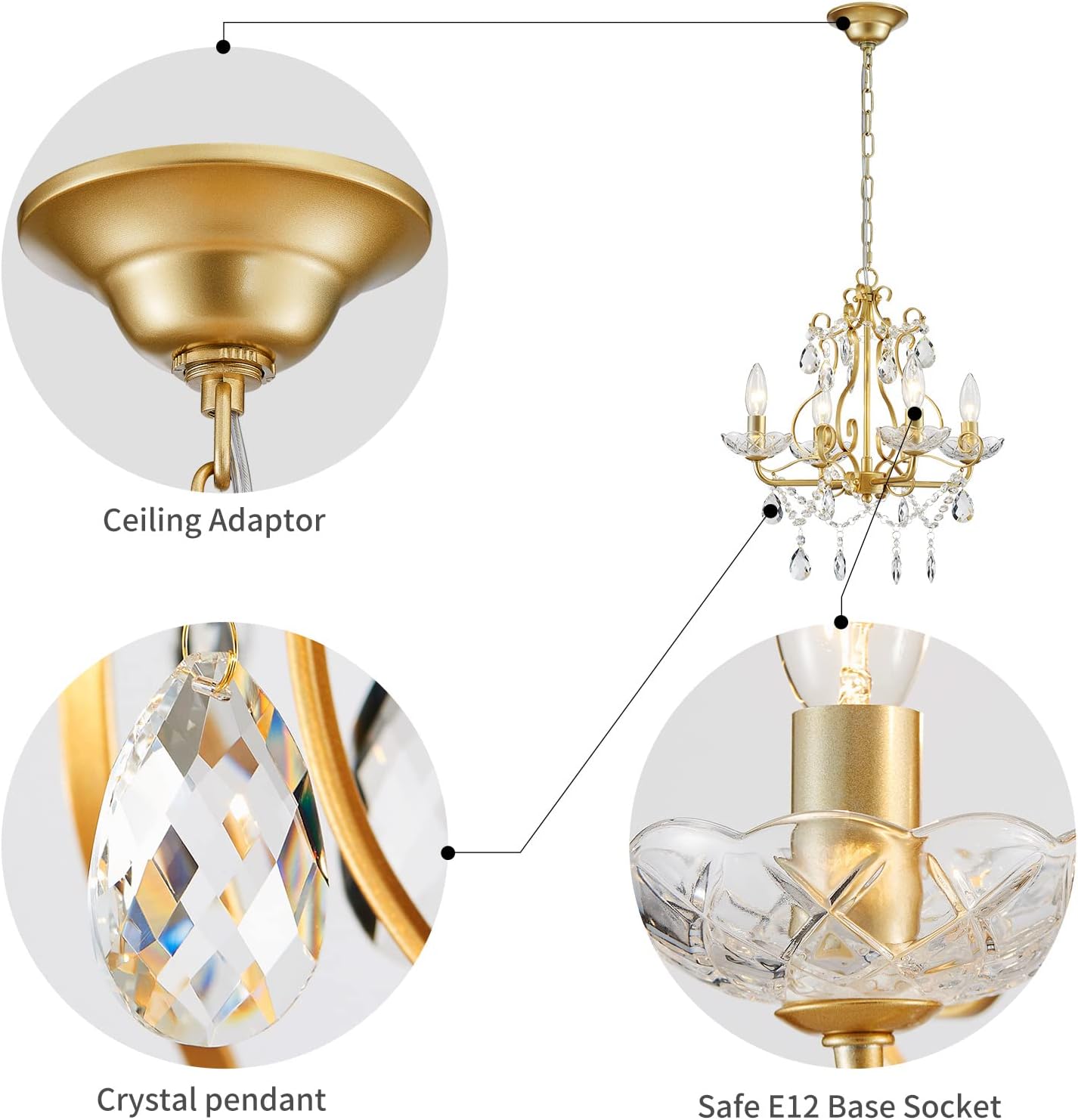4-Light Gold Crystal Chandelier Pendant Light – 16