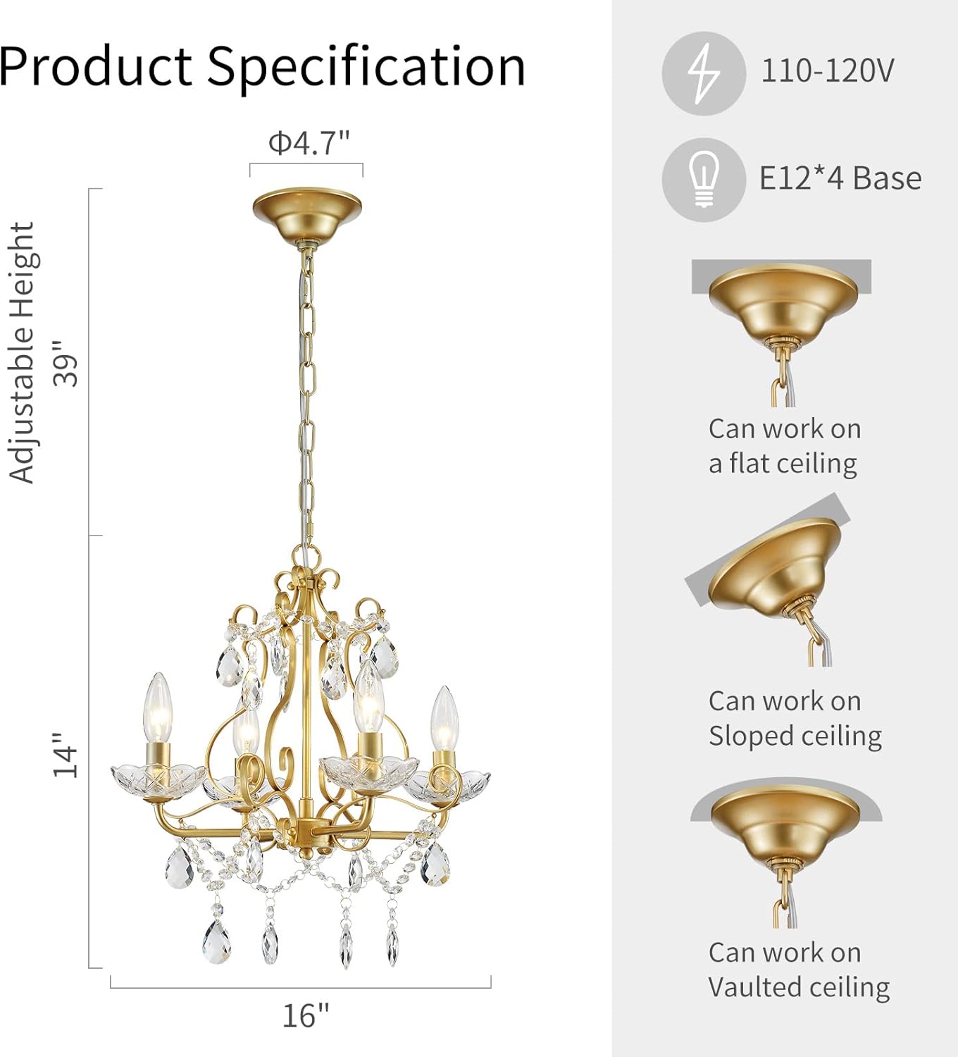 4-Light Gold Crystal Chandelier Pendant Light – 16