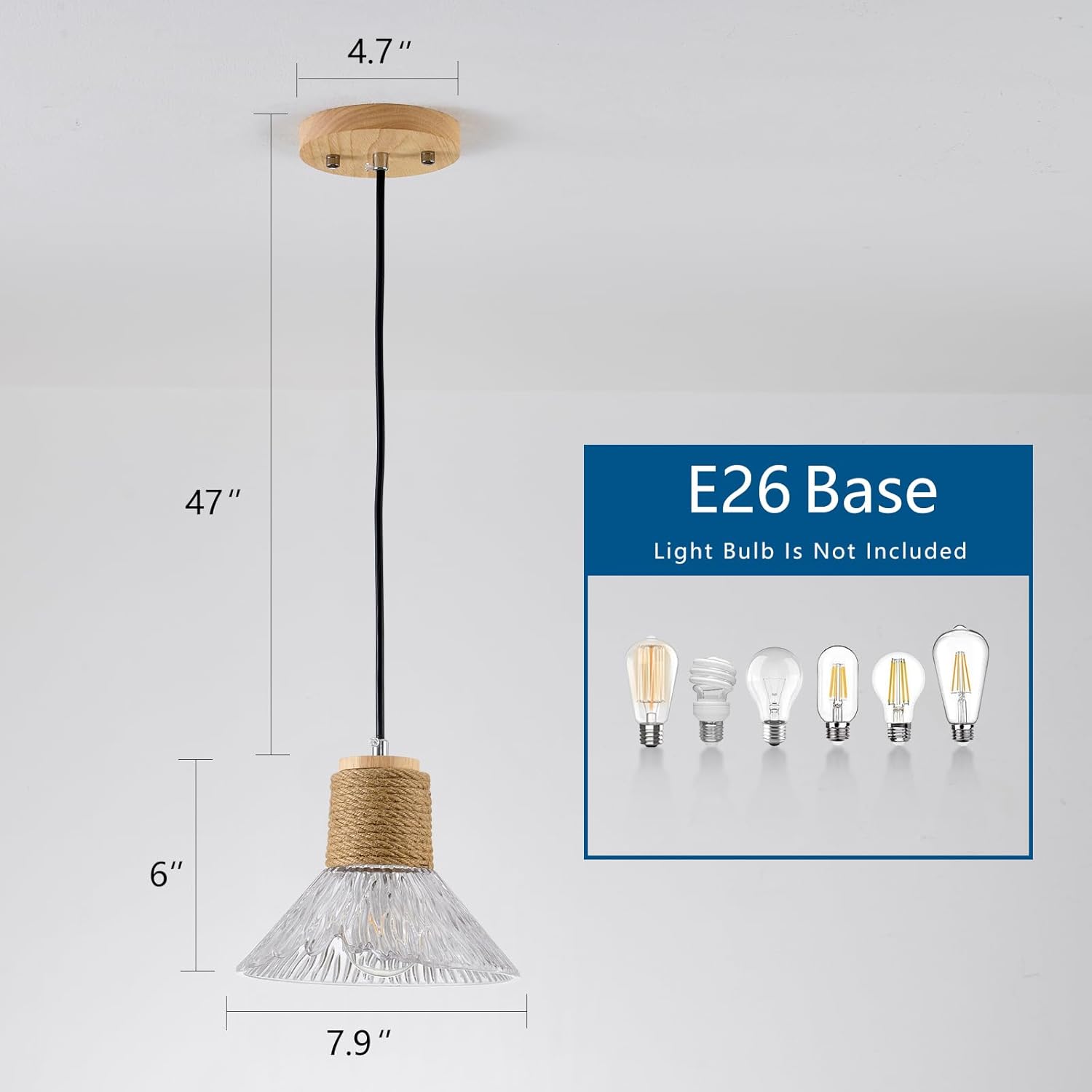 Rustic Farmhouse Clear Ribbed Glass Pendant Light with Solid Wood Canopy, Hemp Rope Detail and Adjustable Cord