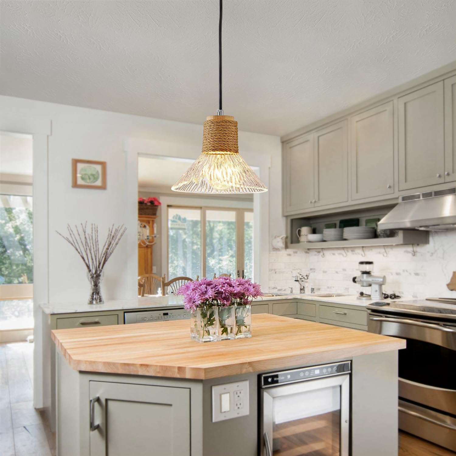 Rustic Farmhouse Clear Ribbed Glass Pendant Light with Solid Wood Canopy, Hemp Rope Detail and Adjustable Cord