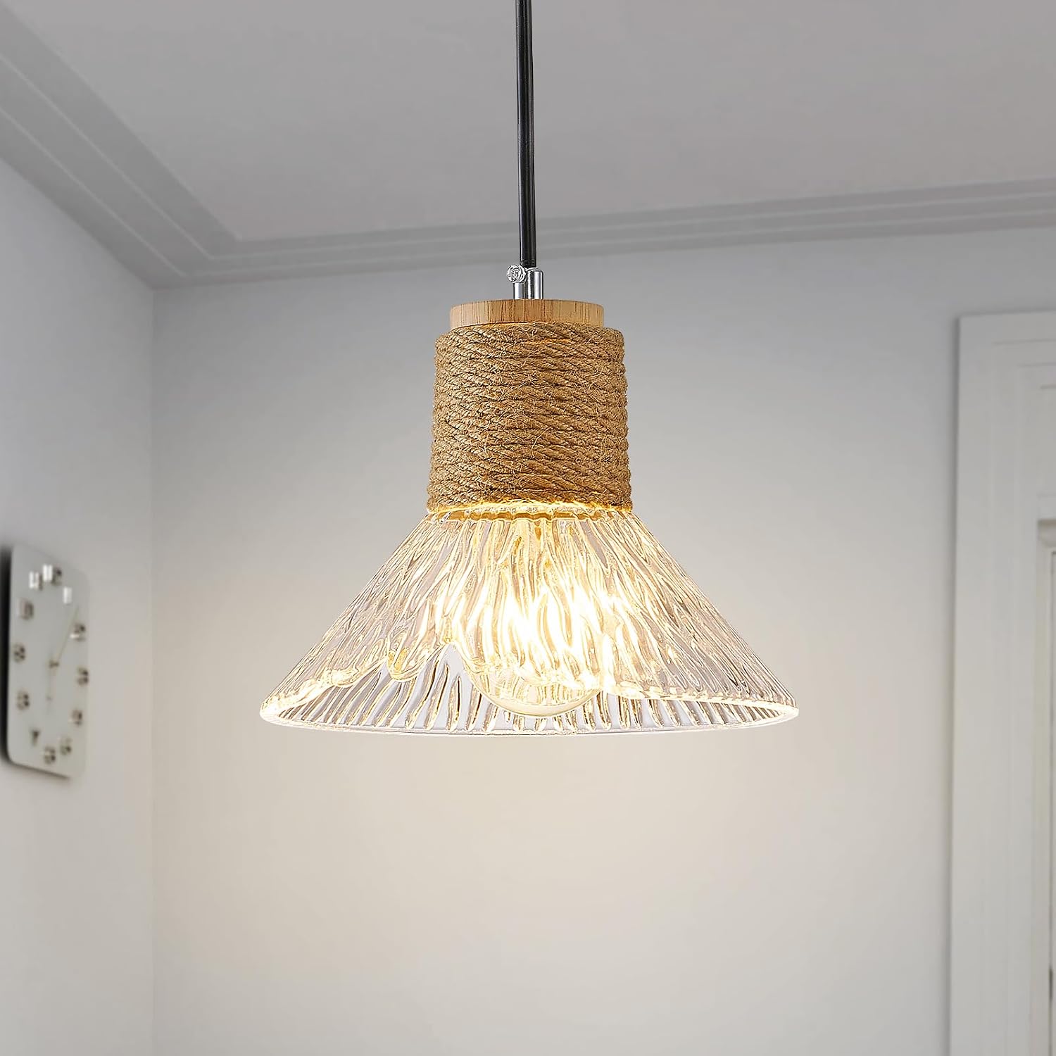 Rustic Farmhouse Clear Ribbed Glass Pendant Light with Solid Wood Canopy, Hemp Rope Detail and Adjustable Cord